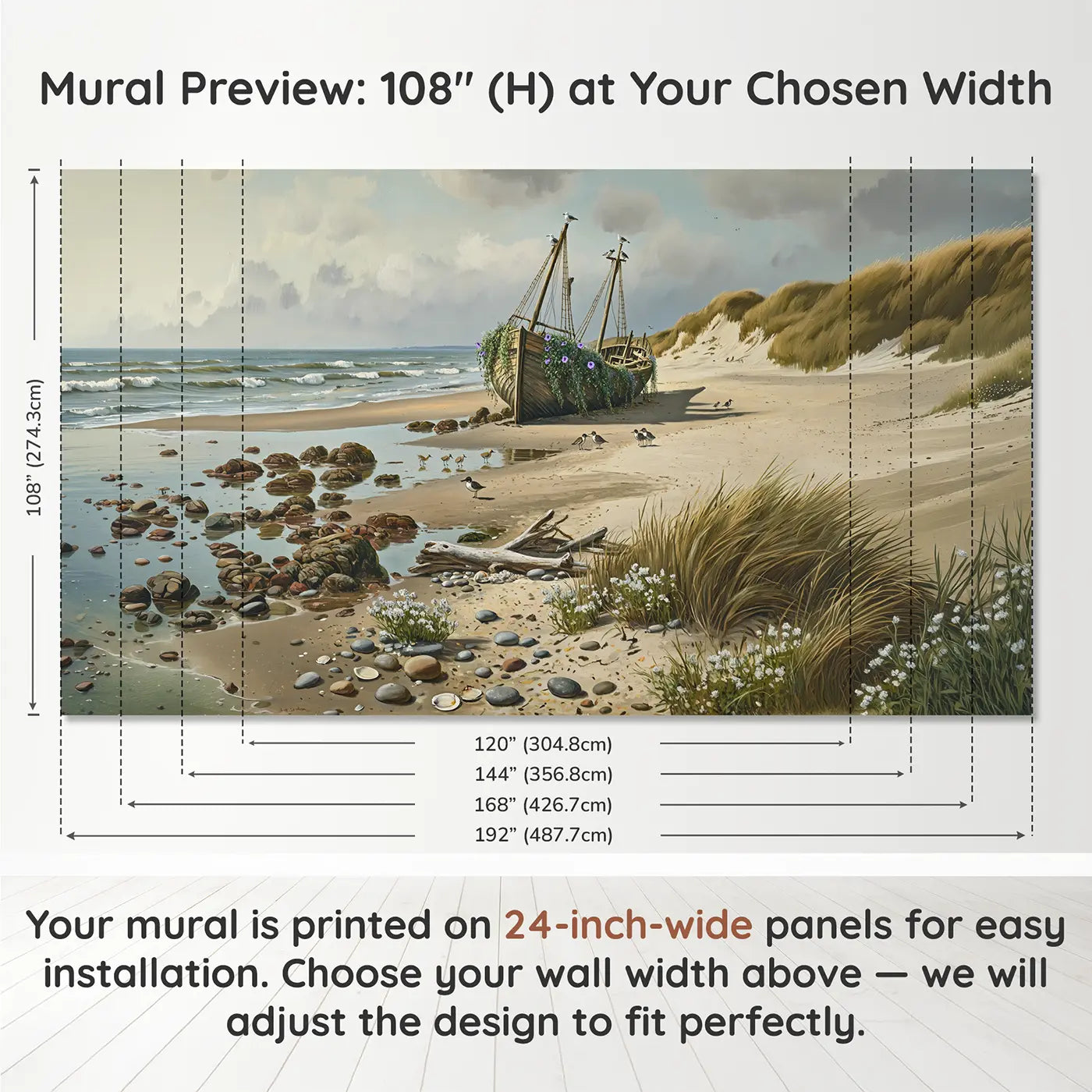 Panel layout and dimensions for Coastal Shipwreck Garden Wallpaper Mural by Whimsy Tots