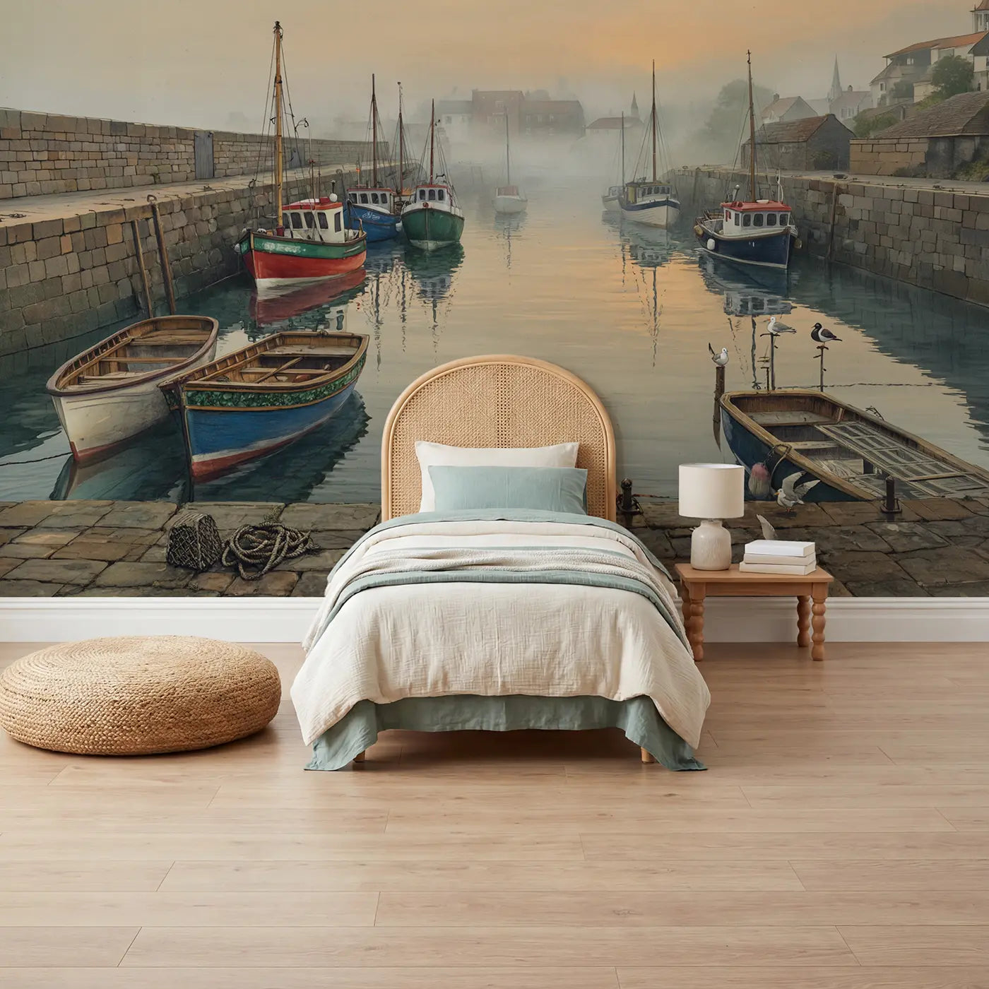 Storybook misty harbor fishing village wallpaper mural for nursery by Whimsy Tots