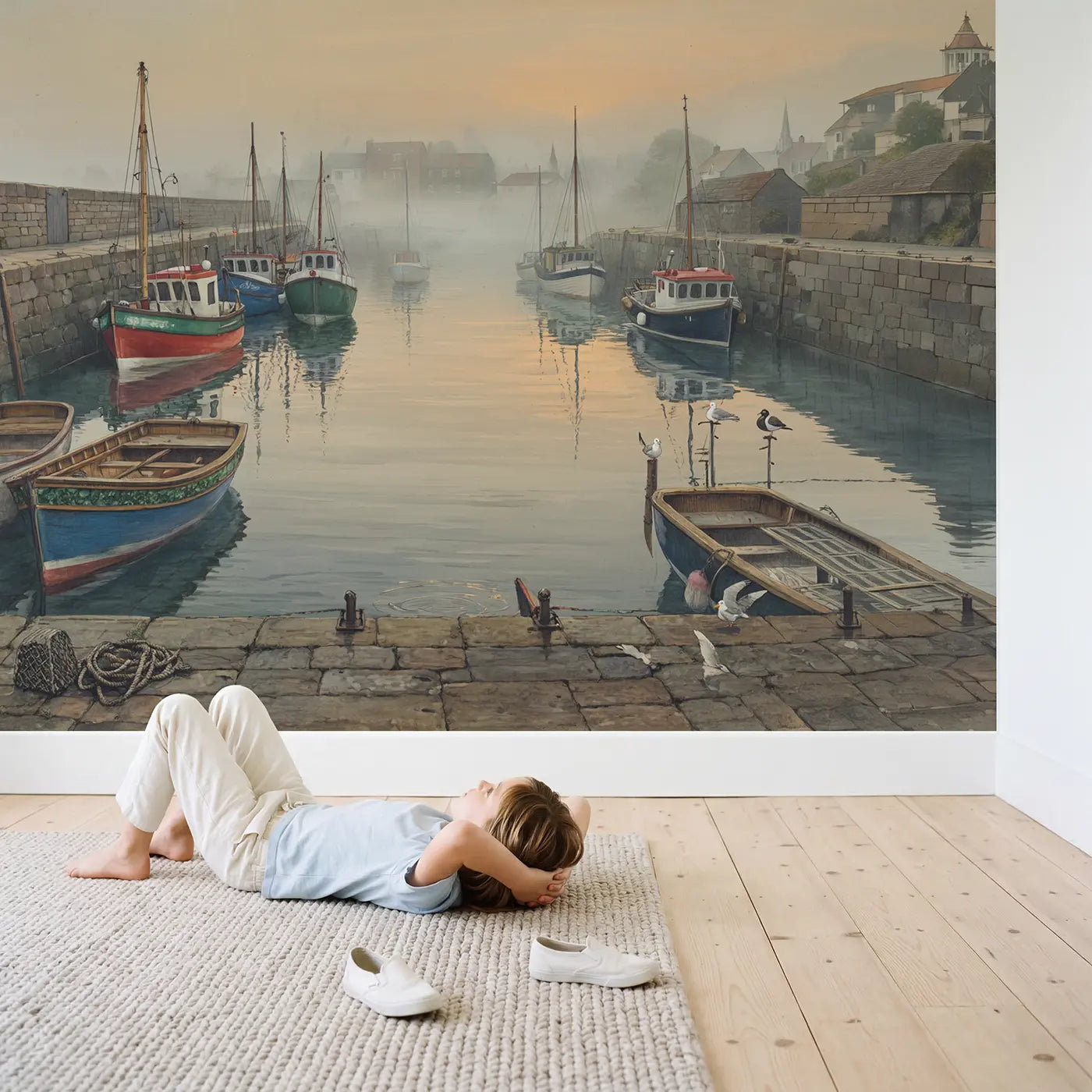 Child in nursery with Misty Harbor Morning Wallpaper Mural by Whimsy Tots