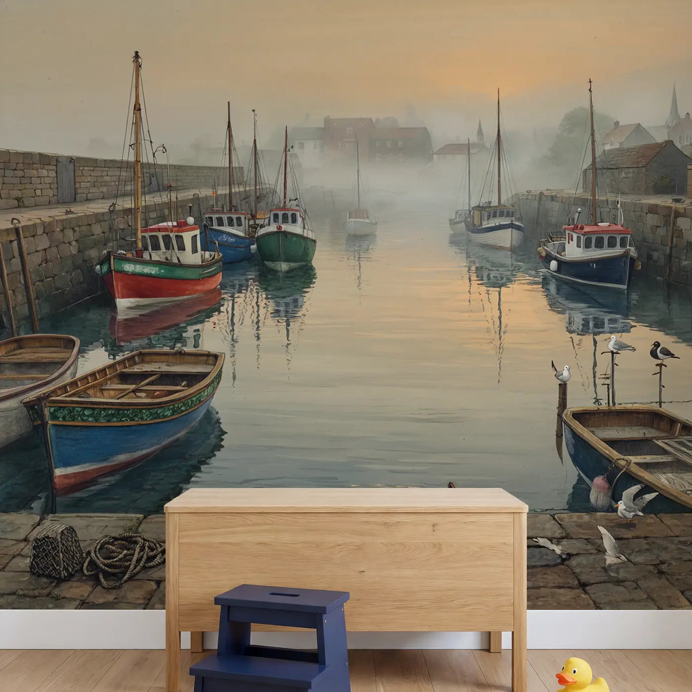 Misty Harbor Morning Wallpaper Mural in playroom setting by Whimsy Tots