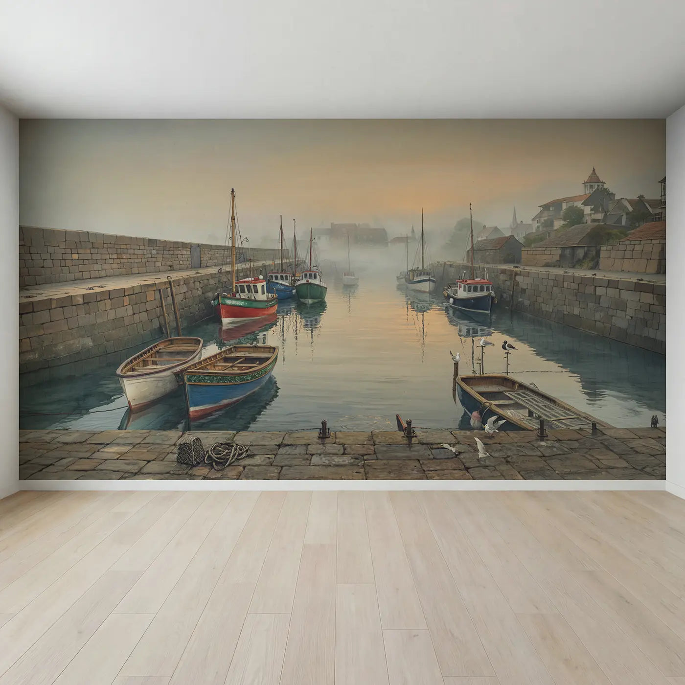 Full view of Misty Harbor Morning Wallpaper Mural by Whimsy Tots