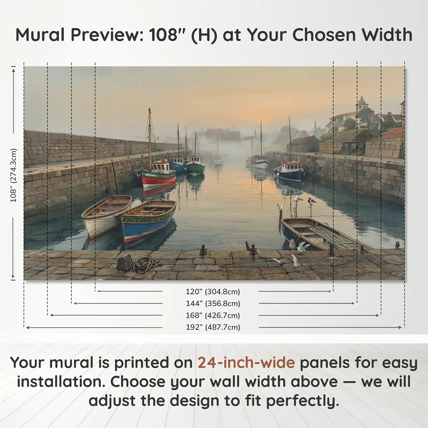Panel layout and dimensions for Misty Harbor Morning Wallpaper Mural by Whimsy Tots