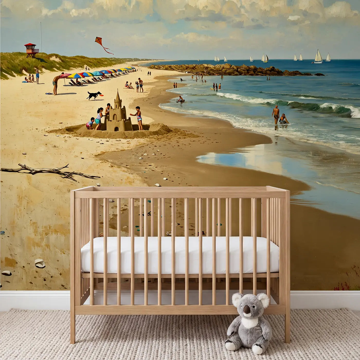 Painted beach and sailboat wallpaper mural for kids room by Whimsy Tots