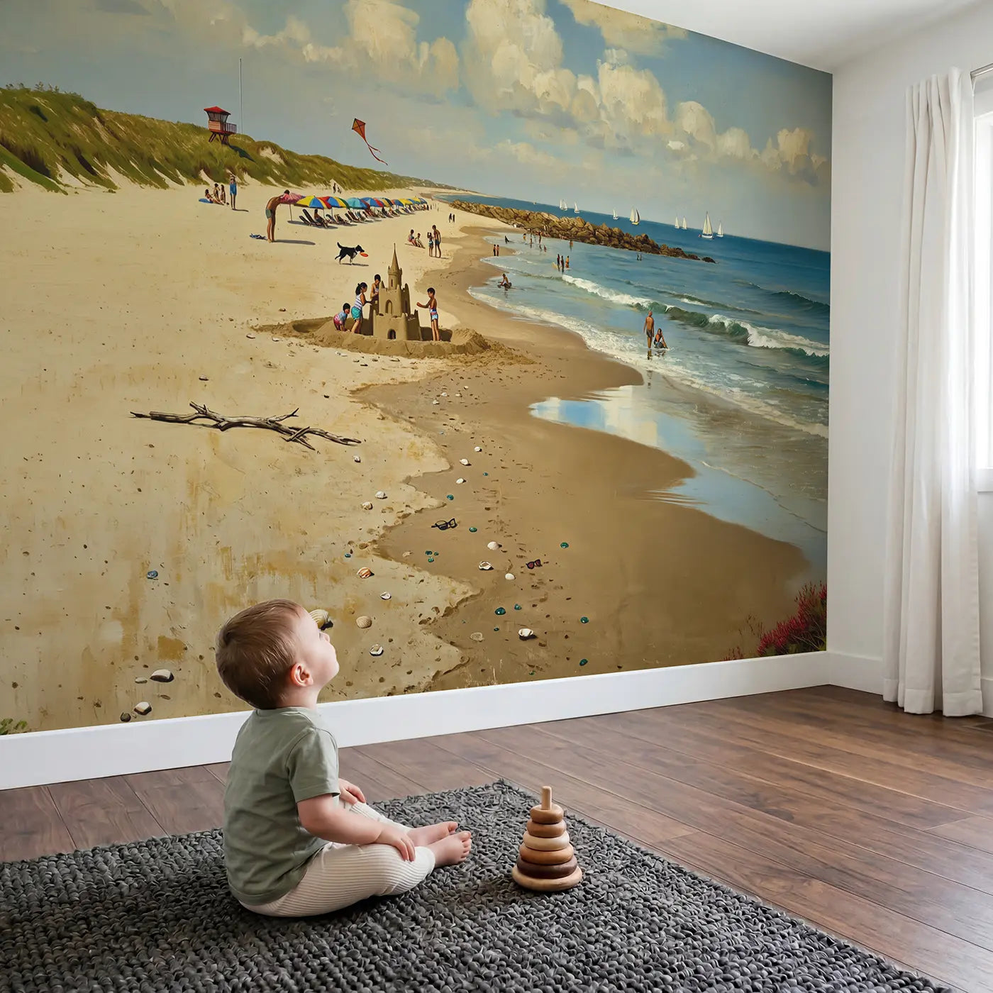 Child in nursery with Beach Life Panorama Sunny Day Wallpaper Mural by Whimsy Tots