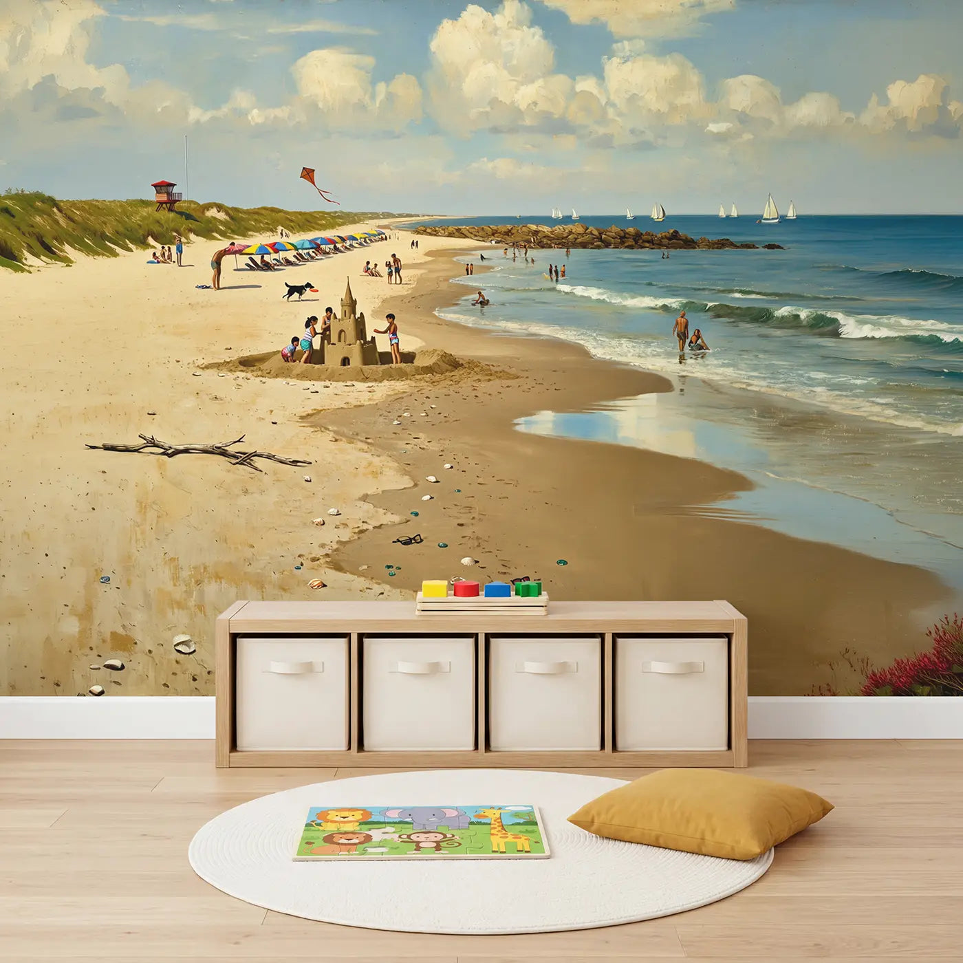 Beach Life Panorama Sunny Day Wallpaper Mural in playroom setting by Whimsy Tots