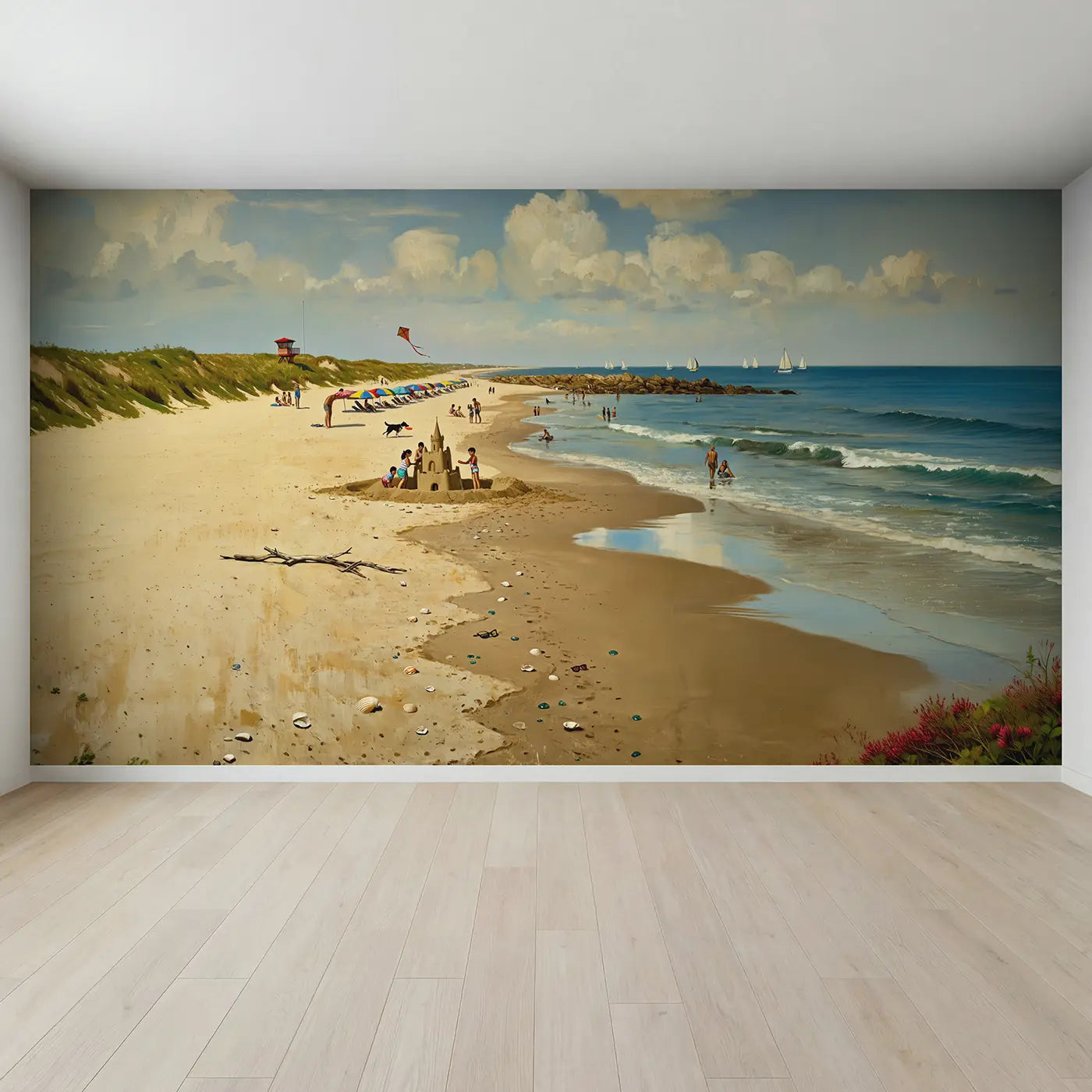 Full view of Beach Life Panorama Sunny Day Wallpaper Mural by Whimsy Tots