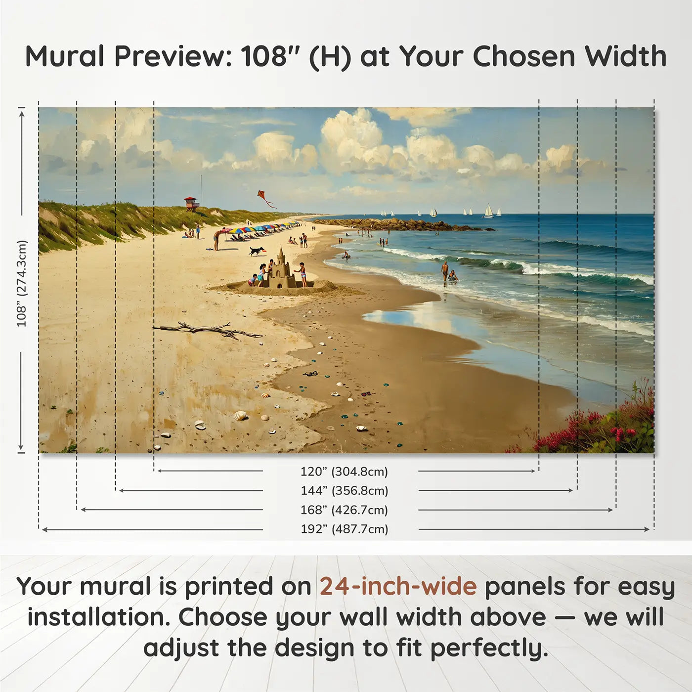 Panel layout and dimensions for Beach Life Panorama Sunny Day Wallpaper Mural by Whimsy Tots