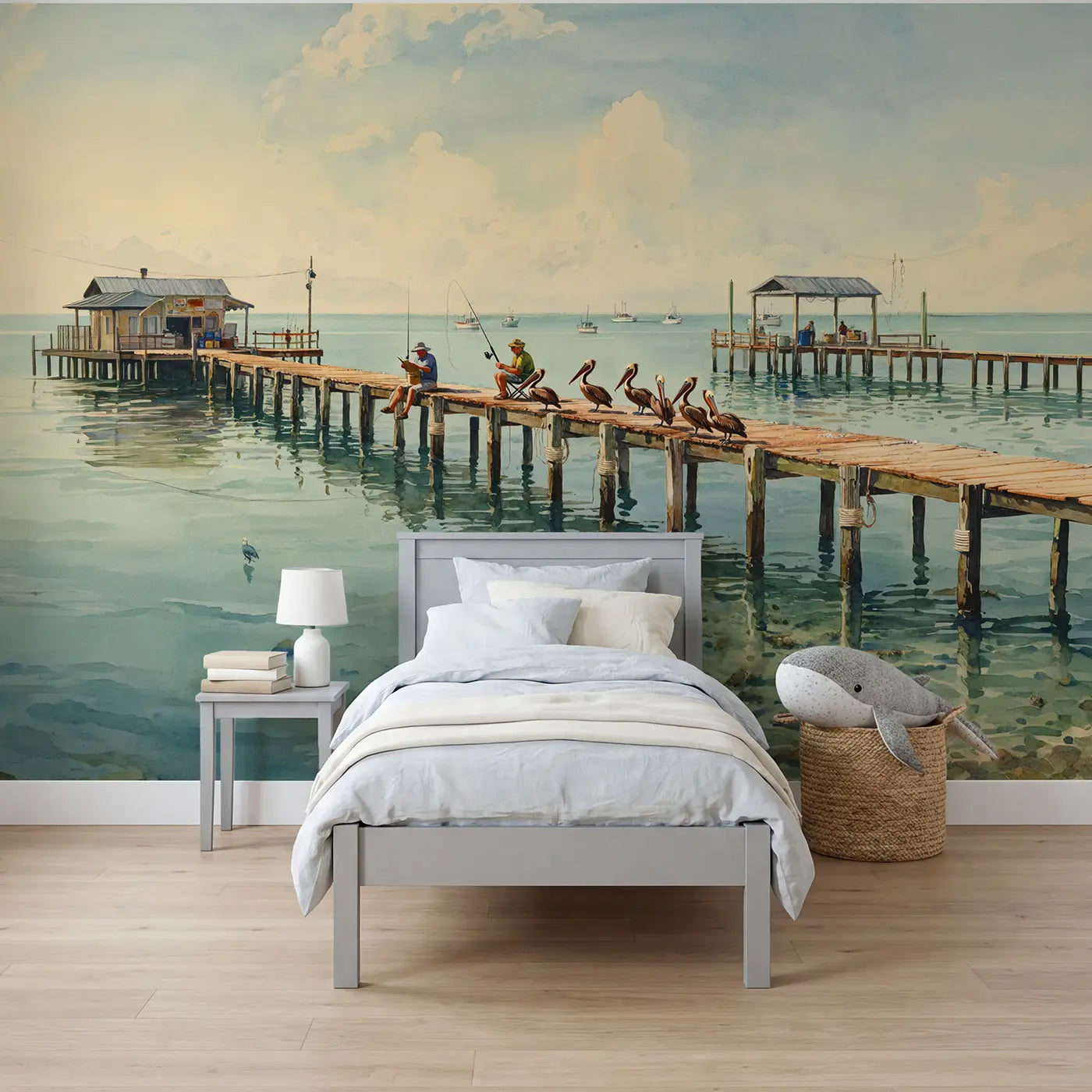 Watercolor pier fishermen pelicans harbor wallpaper mural for boys room by Whimsy Tots