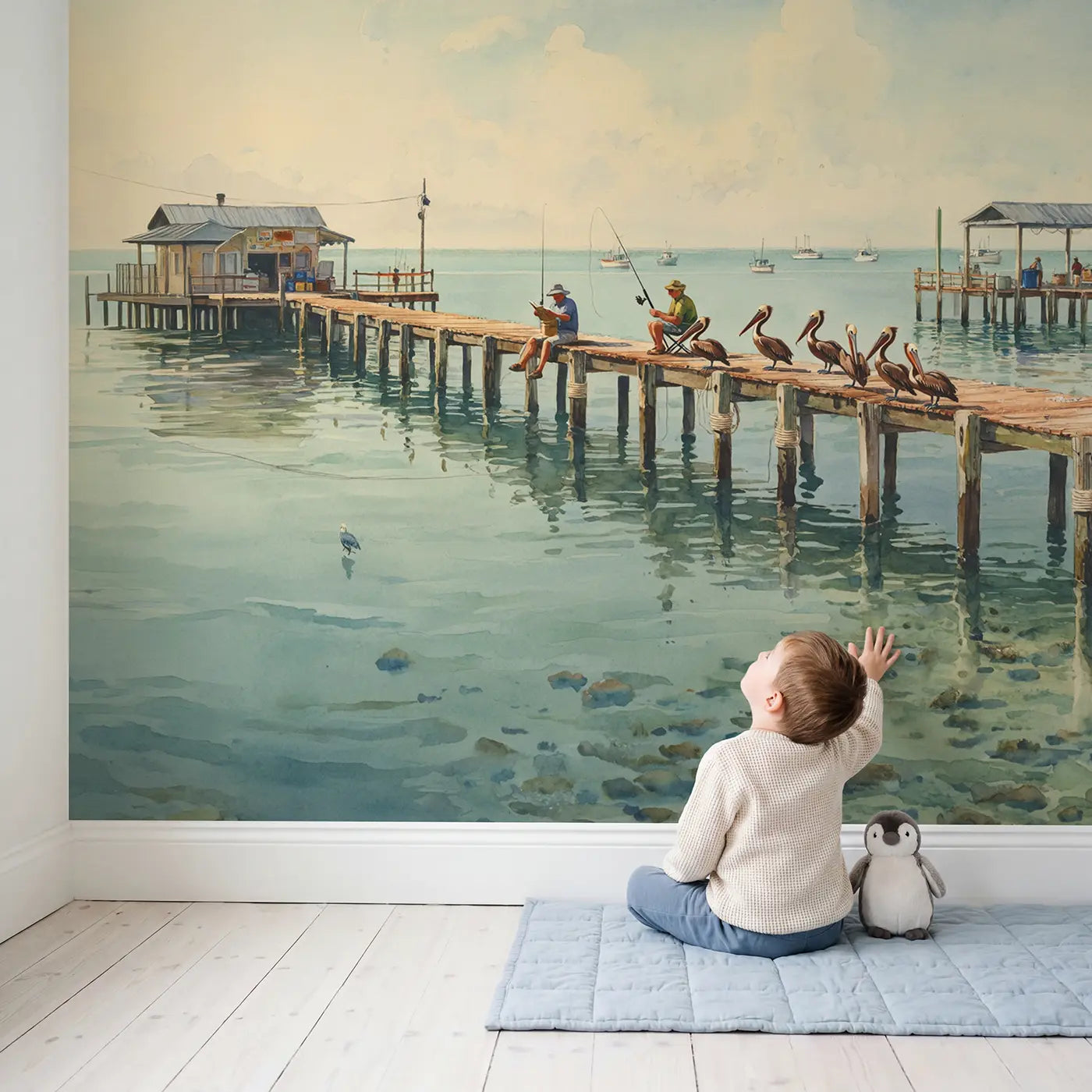 Child in nursery with Pier Fishermen and Pelicans Wallpaper Mural by Whimsy Tots