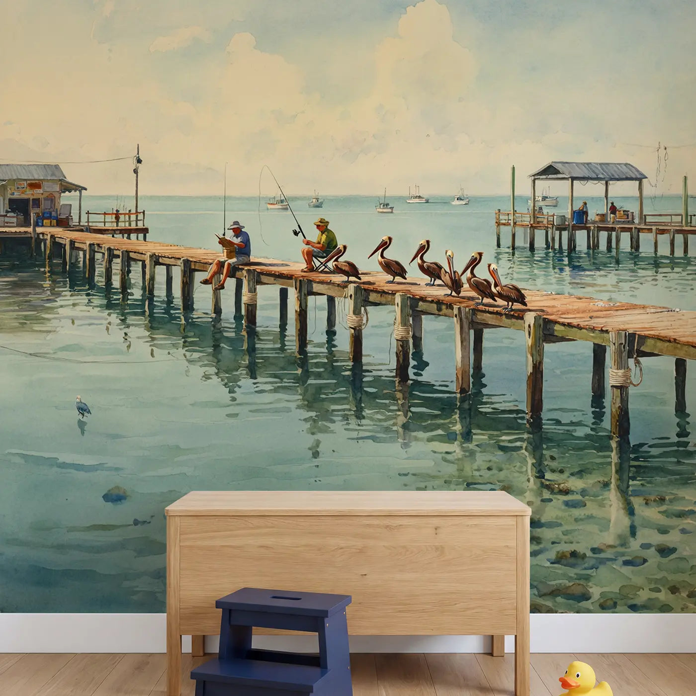 Pier Fishermen and Pelicans Wallpaper Mural in playroom setting by Whimsy Tots