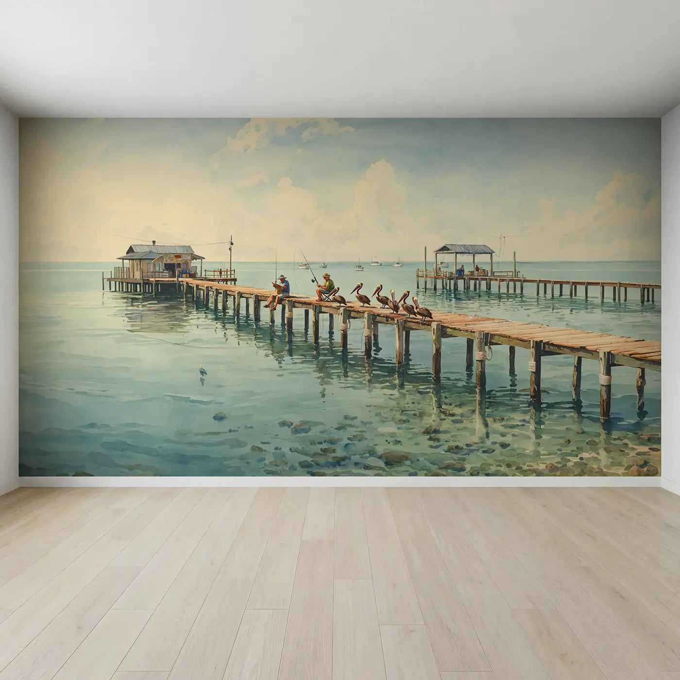 Full view of Pier Fishermen and Pelicans Wallpaper Mural by Whimsy Tots