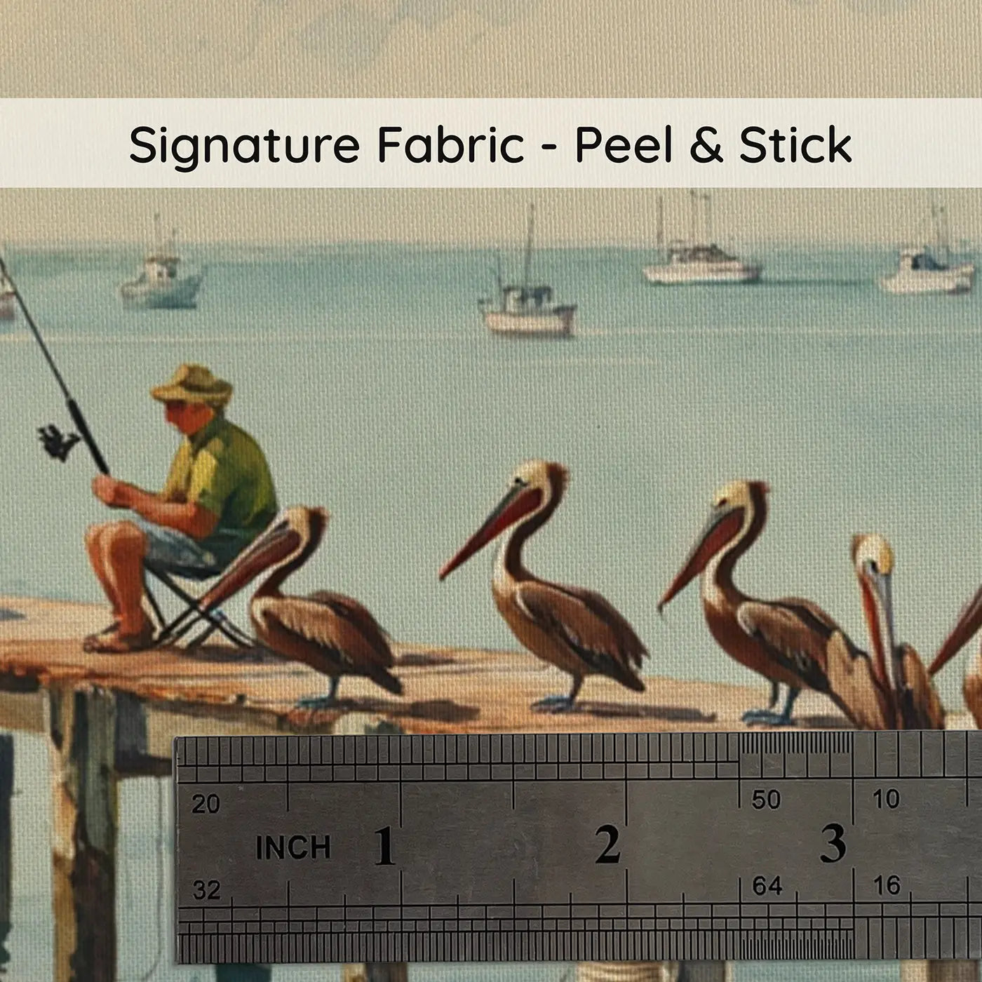 Fabric texture close-up of Pier Fishermen and Pelicans Wallpaper Mural by Whimsy Tots