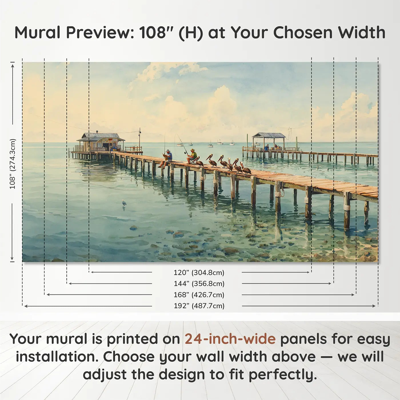 Panel layout and dimensions for Pier Fishermen and Pelicans Wallpaper Mural by Whimsy Tots