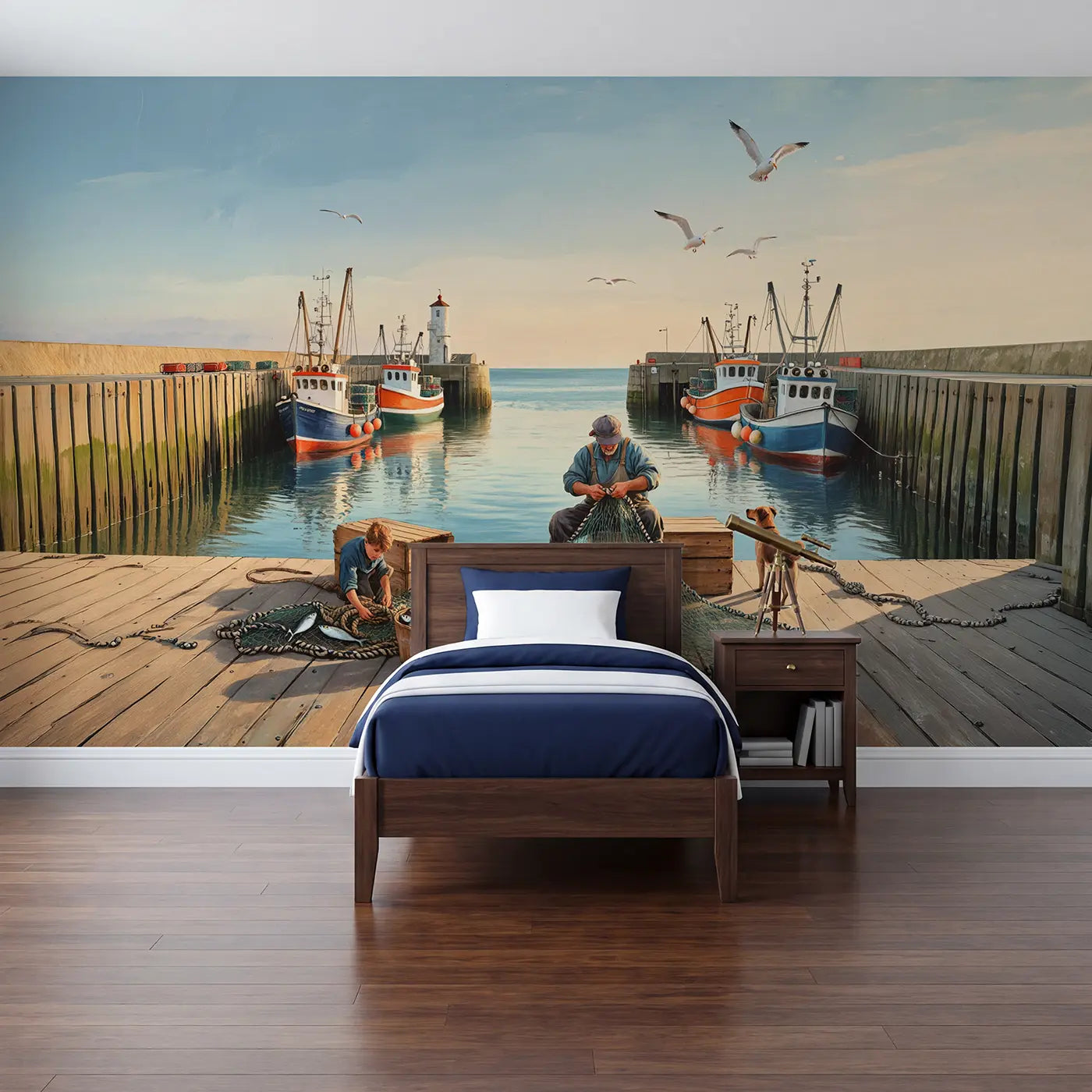 Soft pastel sailboat coastal wallpaper mural for kids room by Whimsy Tots