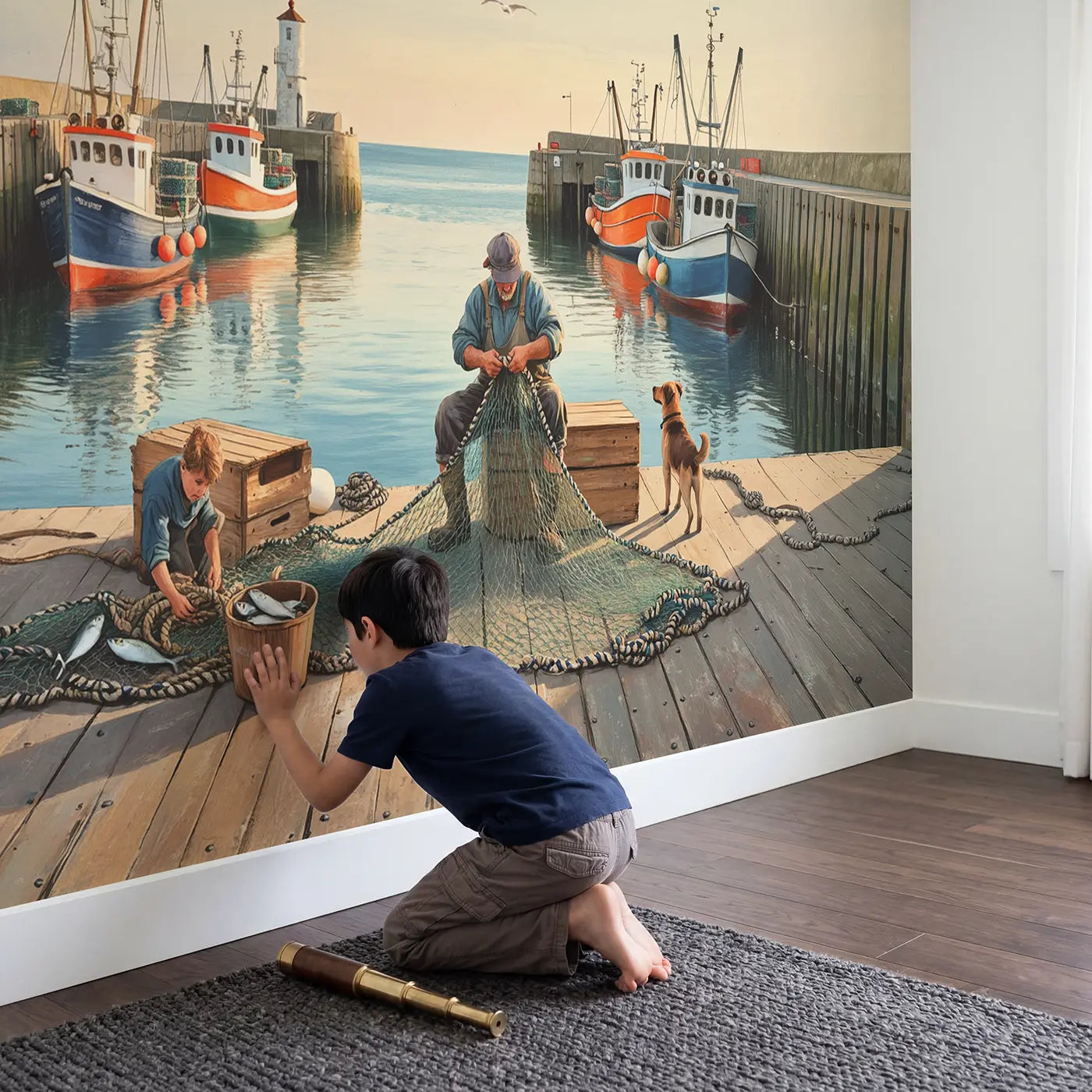 Child in nursery with Harbor Net Mending Scene Wallpaper Mural by Whimsy Tots