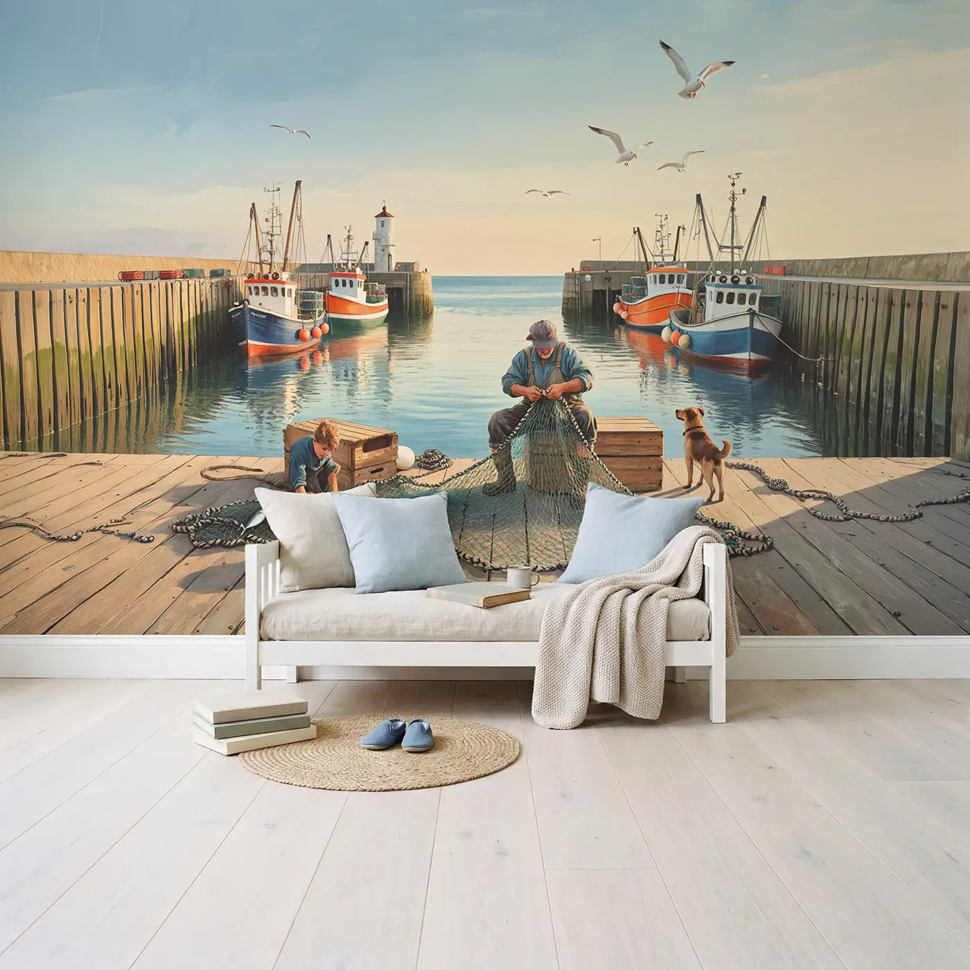Harbor Net Mending Scene Wallpaper Mural in playroom setting by Whimsy Tots