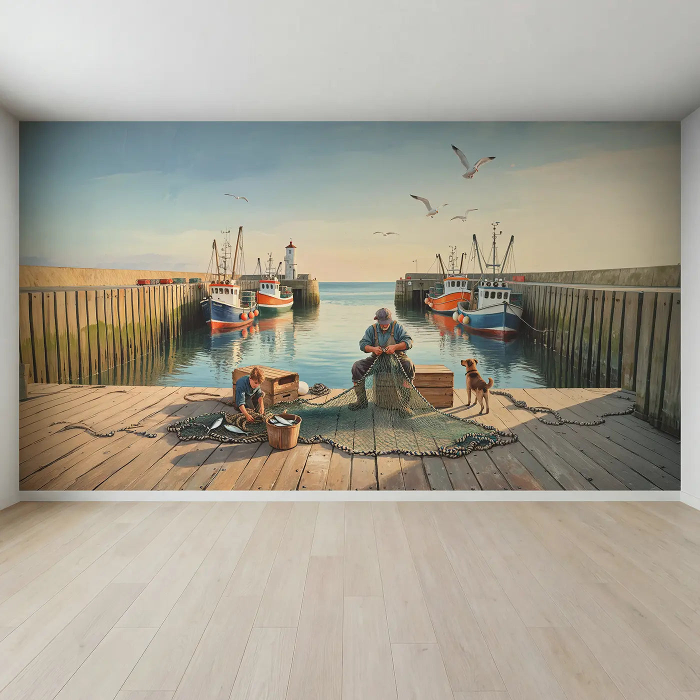 Full view of Harbor Net Mending Scene Wallpaper Mural by Whimsy Tots