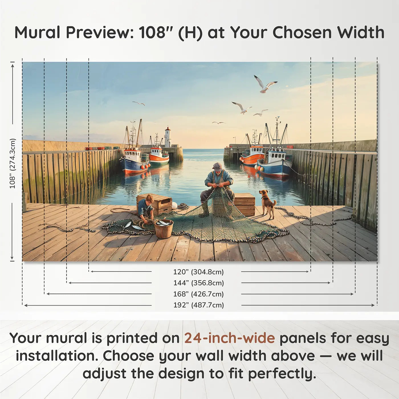 Panel layout and dimensions for Harbor Net Mending Scene Wallpaper Mural by Whimsy Tots