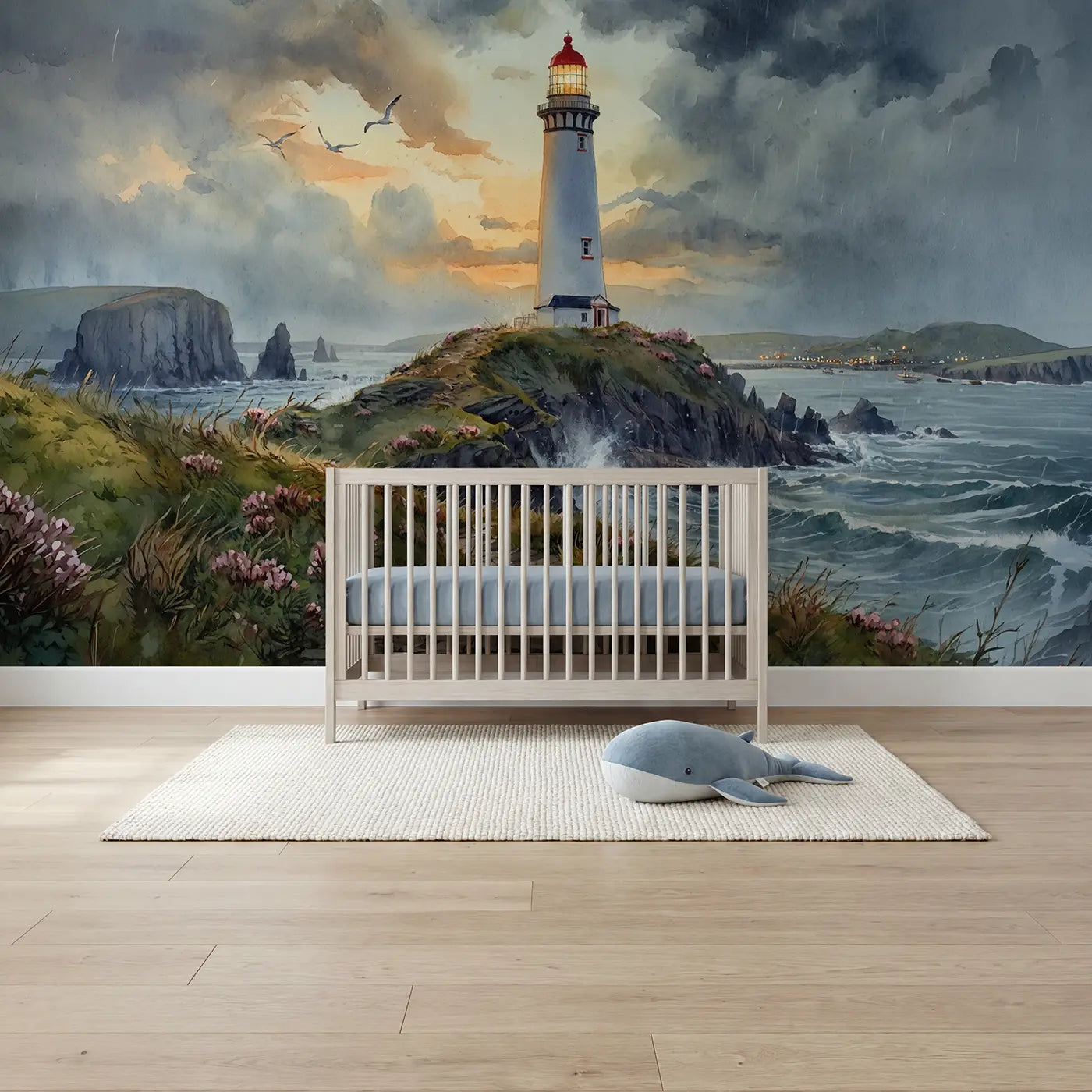 Watercolor rocky headland lighthouse dusk wallpaper mural for boys nursery by Whimsy Tots