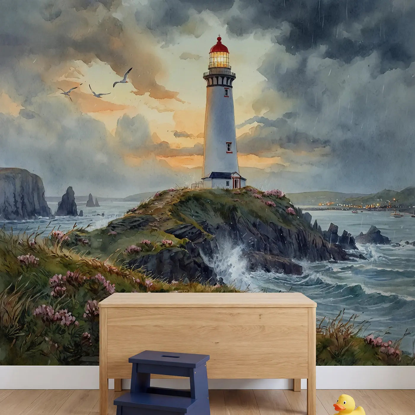 Rocky Headland Lighthouse Wallpaper Mural in playroom setting by Whimsy Tots