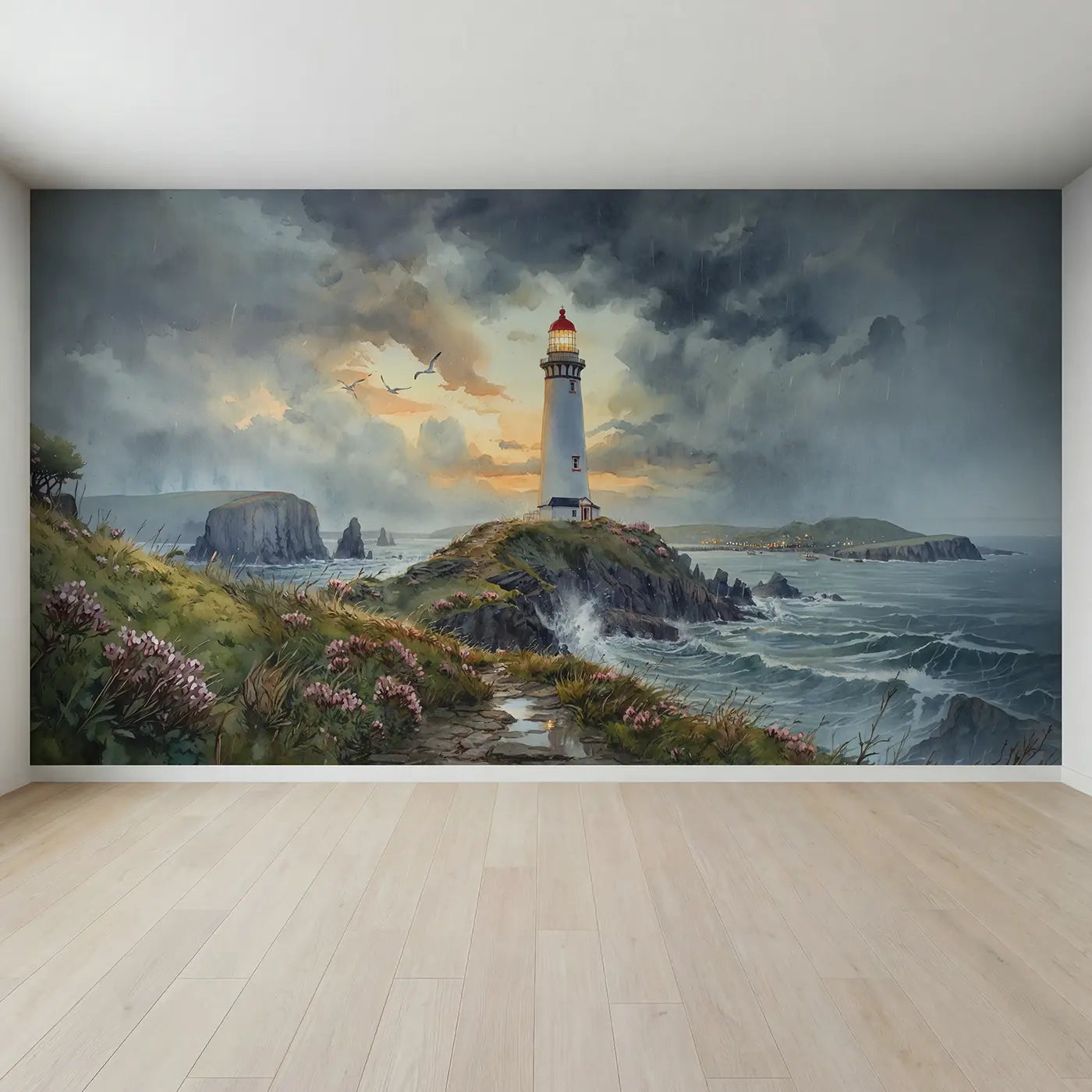 Full view of Rocky Headland Lighthouse Wallpaper Mural by Whimsy Tots