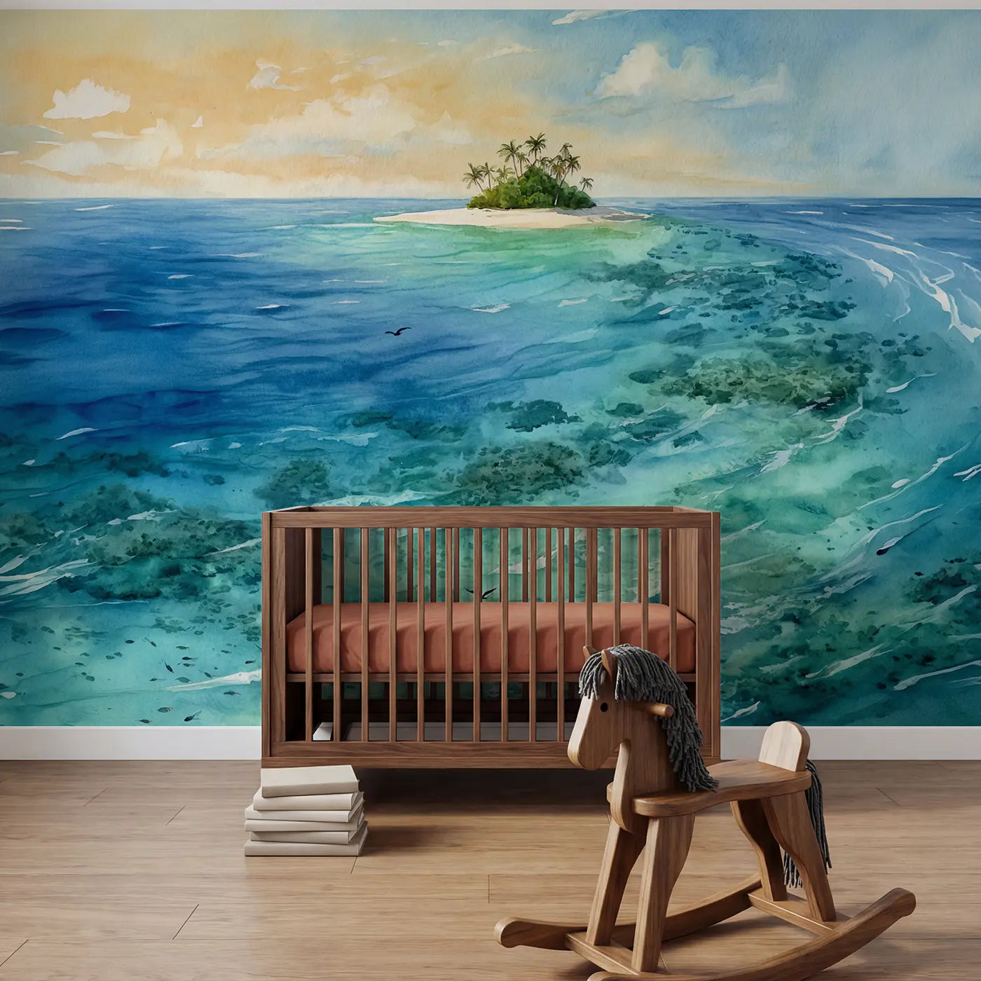Watercolor beach coastal wallpaper mural for nursery by Whimsy Tots