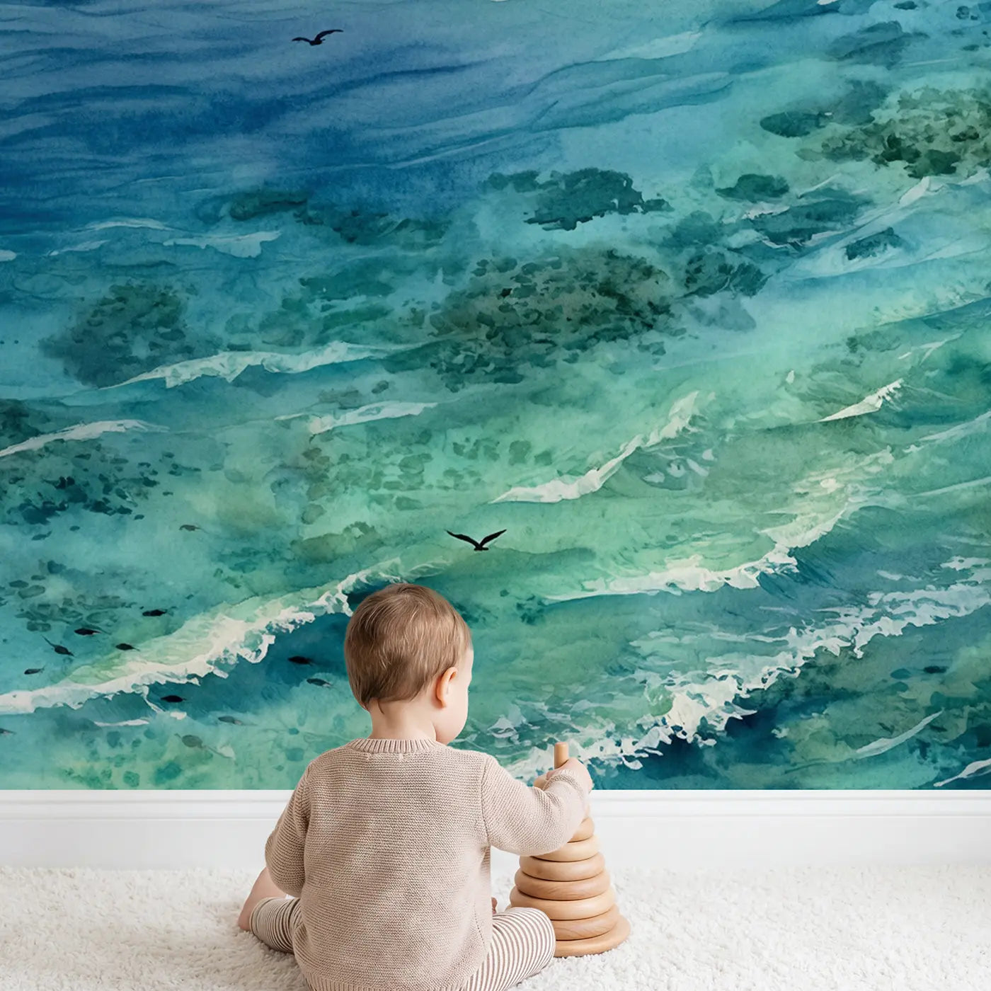 Child in nursery with Coral Cay Island View Wallpaper Mural by Whimsy Tots