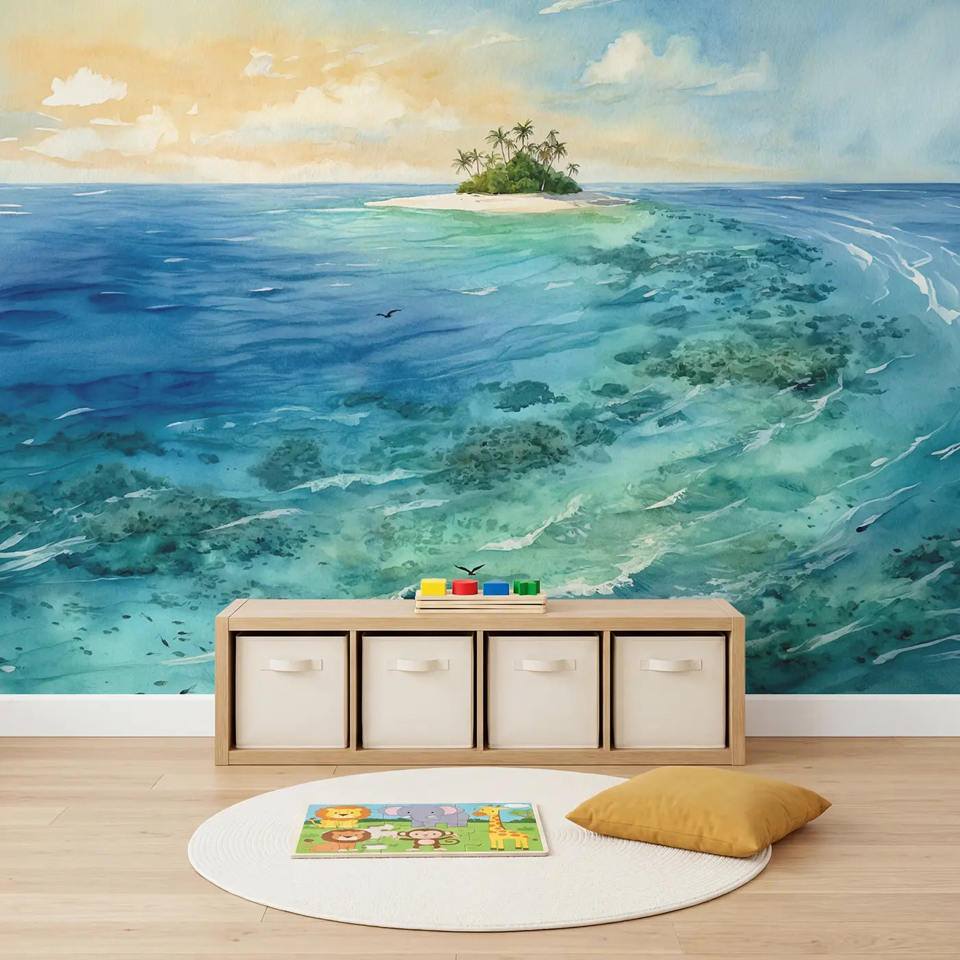 Coral Cay Island View Wallpaper Mural in playroom setting by Whimsy Tots