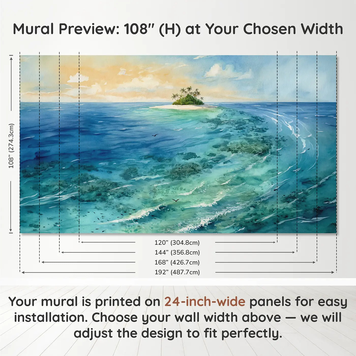 Panel layout and dimensions for Coral Cay Island View Wallpaper Mural by Whimsy Tots
