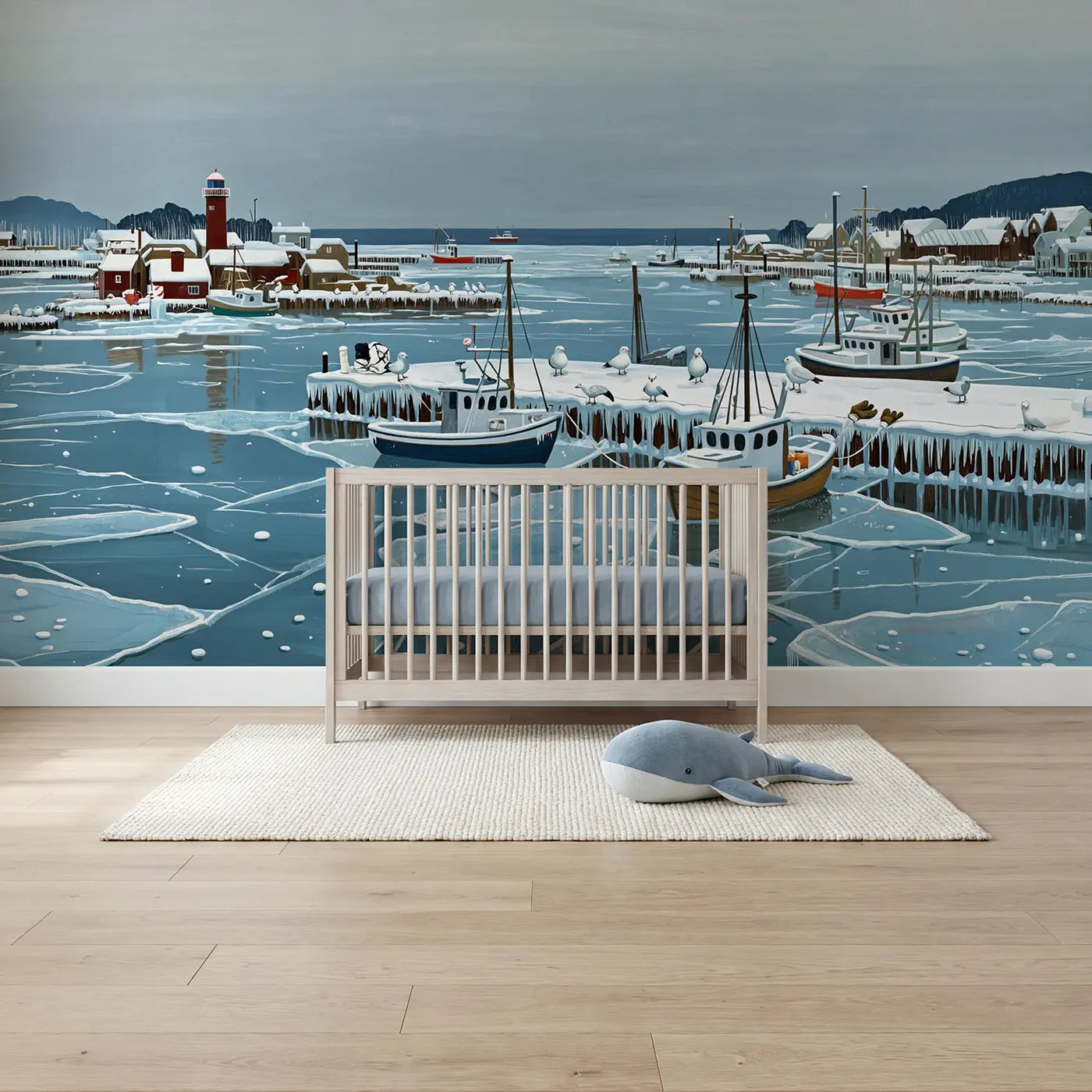 Modern illustration frozen harbor with sailboats wallpaper mural for nursery by Whimsy Tots