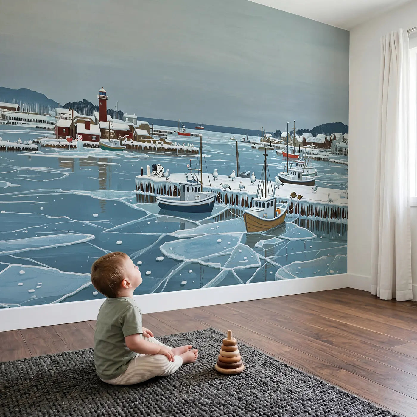 Child in nursery with Frozen Winter Harbor Wallpaper Mural by Whimsy Tots