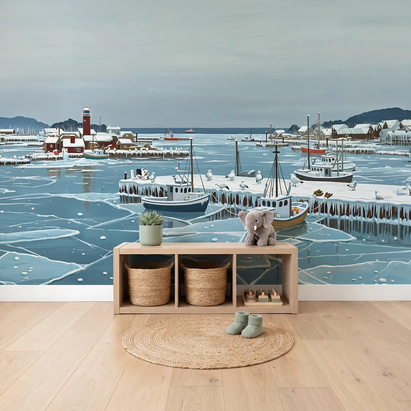 Frozen Winter Harbor Wallpaper Mural in playroom setting by Whimsy Tots