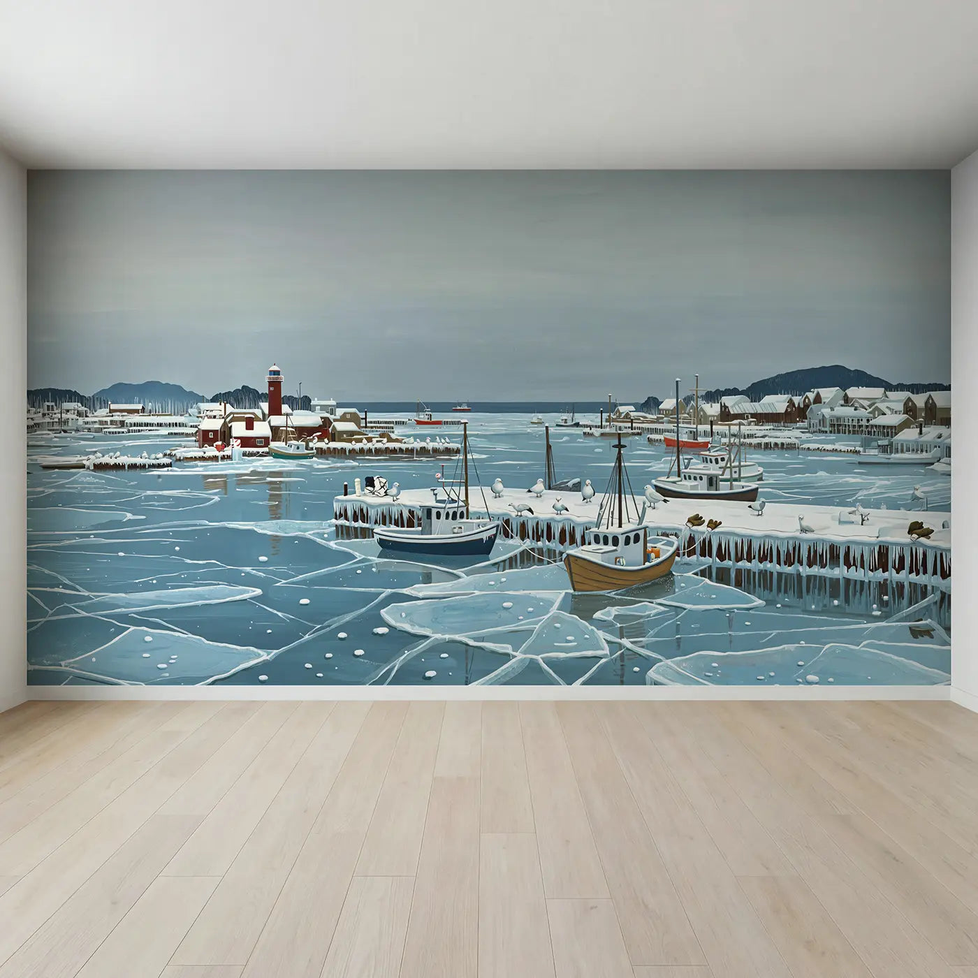 Full view of Frozen Winter Harbor Wallpaper Mural by Whimsy Tots