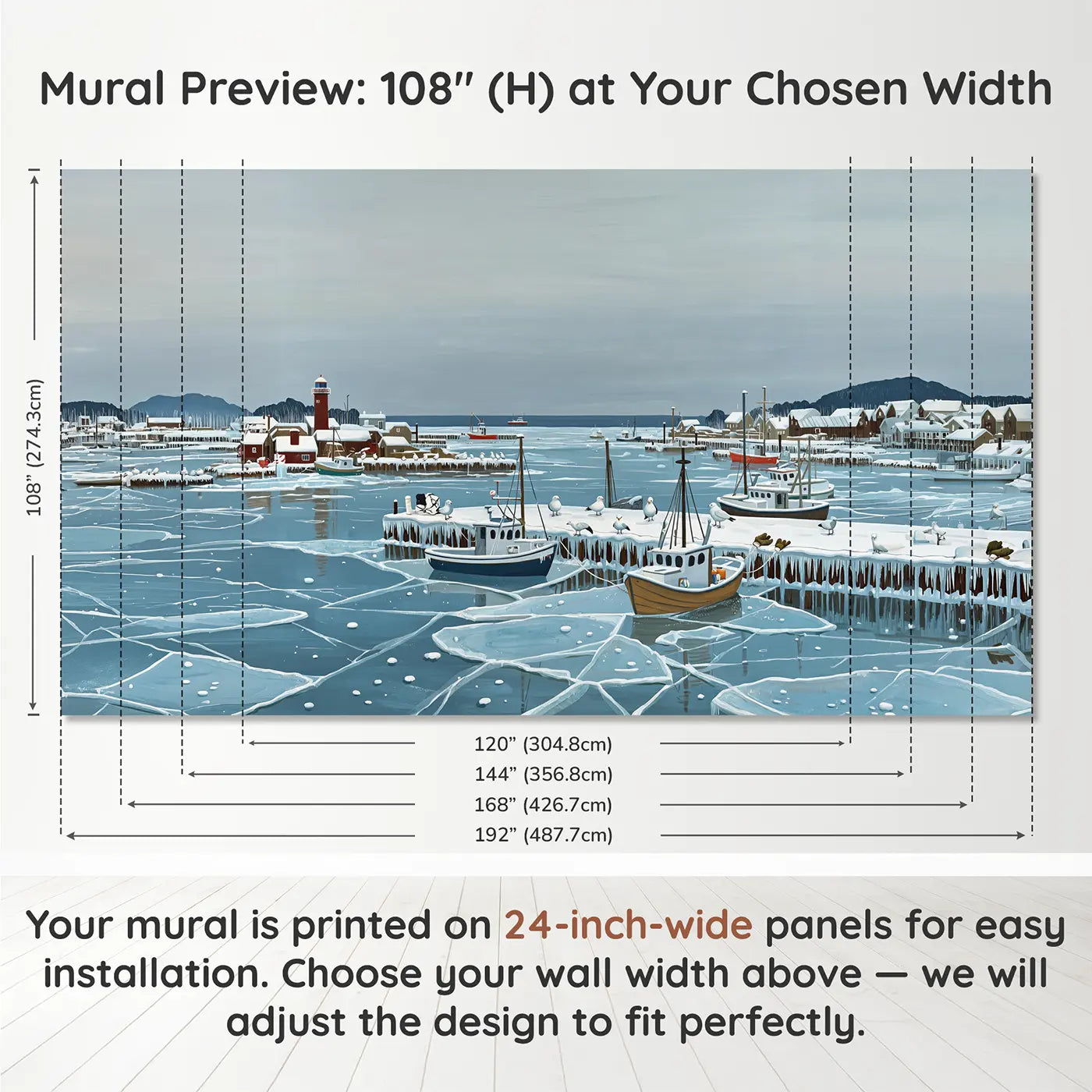 Panel layout and dimensions for Frozen Winter Harbor Wallpaper Mural by Whimsy Tots