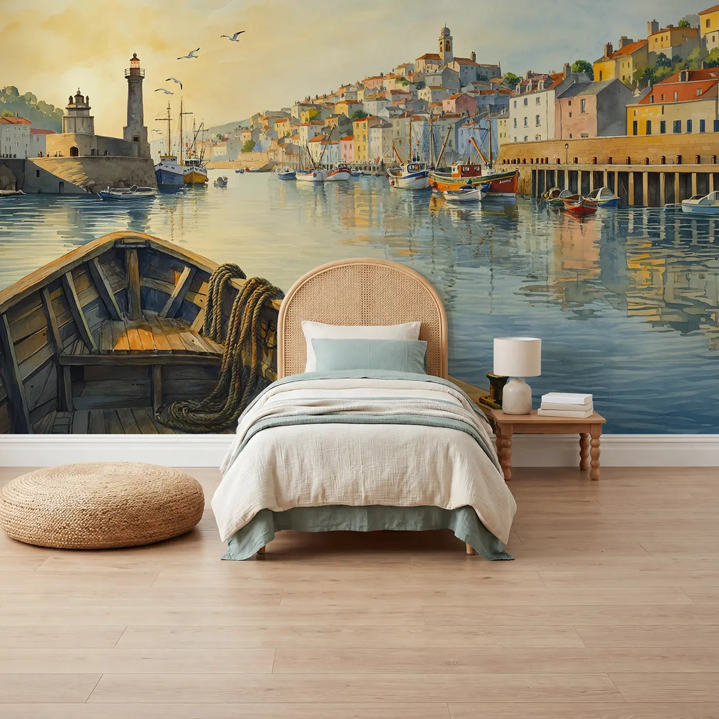 watercolor harbor town arrival coastal wallpaper mural for kids room by Whimsy Tots