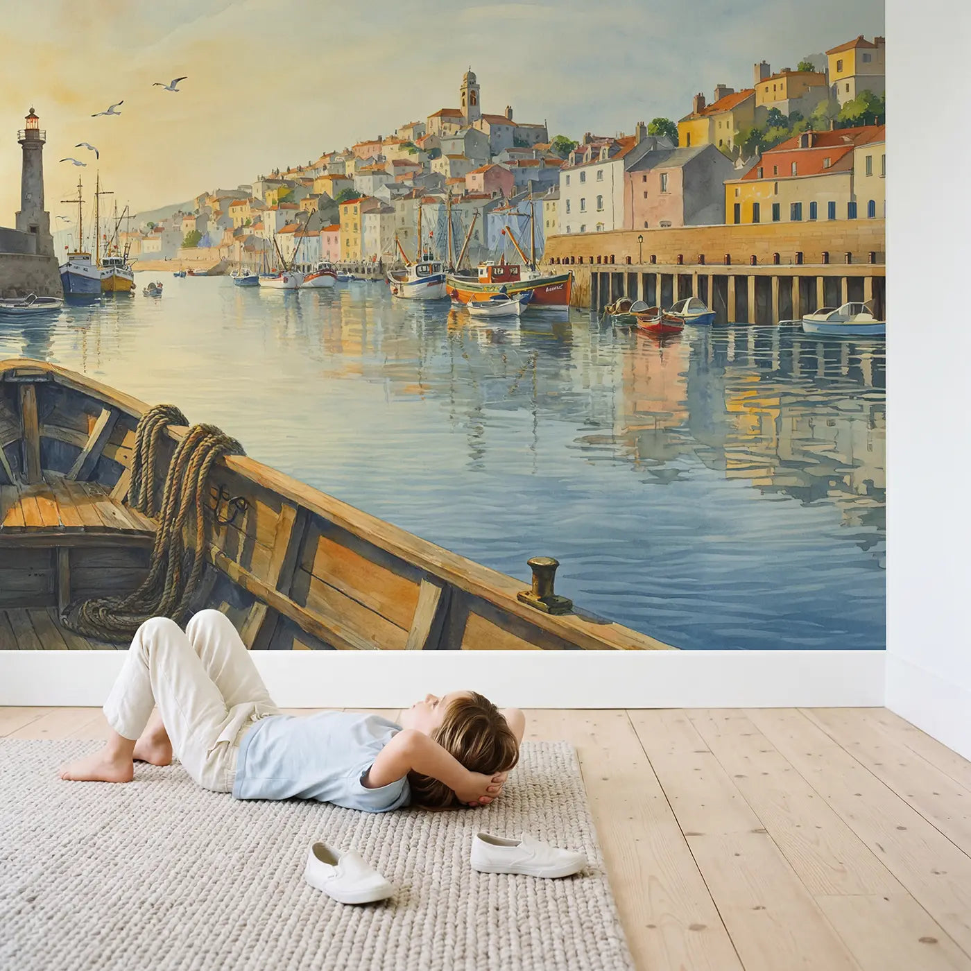 Child in nursery with Harbor Town Arrival Wallpaper Mural by Whimsy Tots