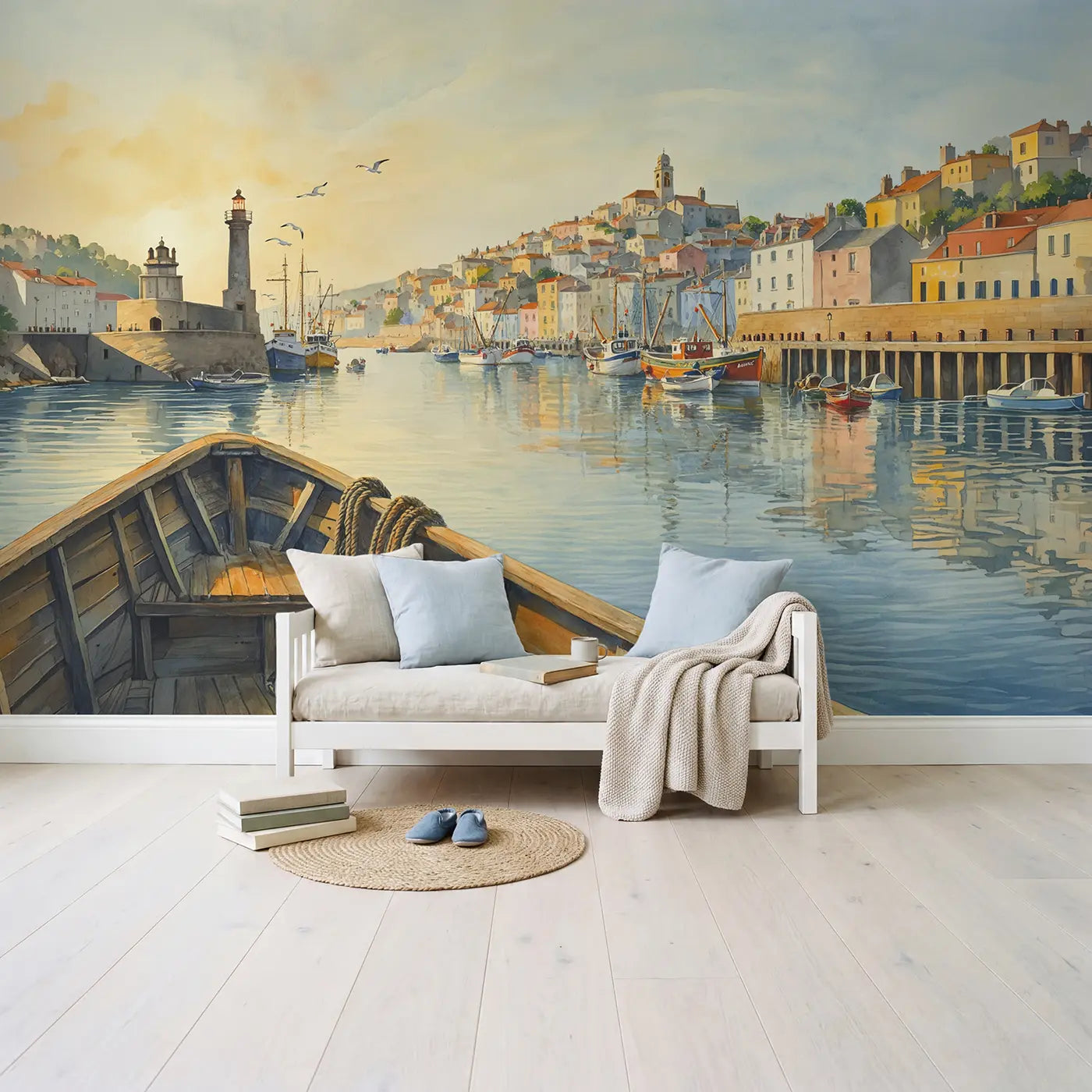 Harbor Town Arrival Wallpaper Mural in playroom setting by Whimsy Tots