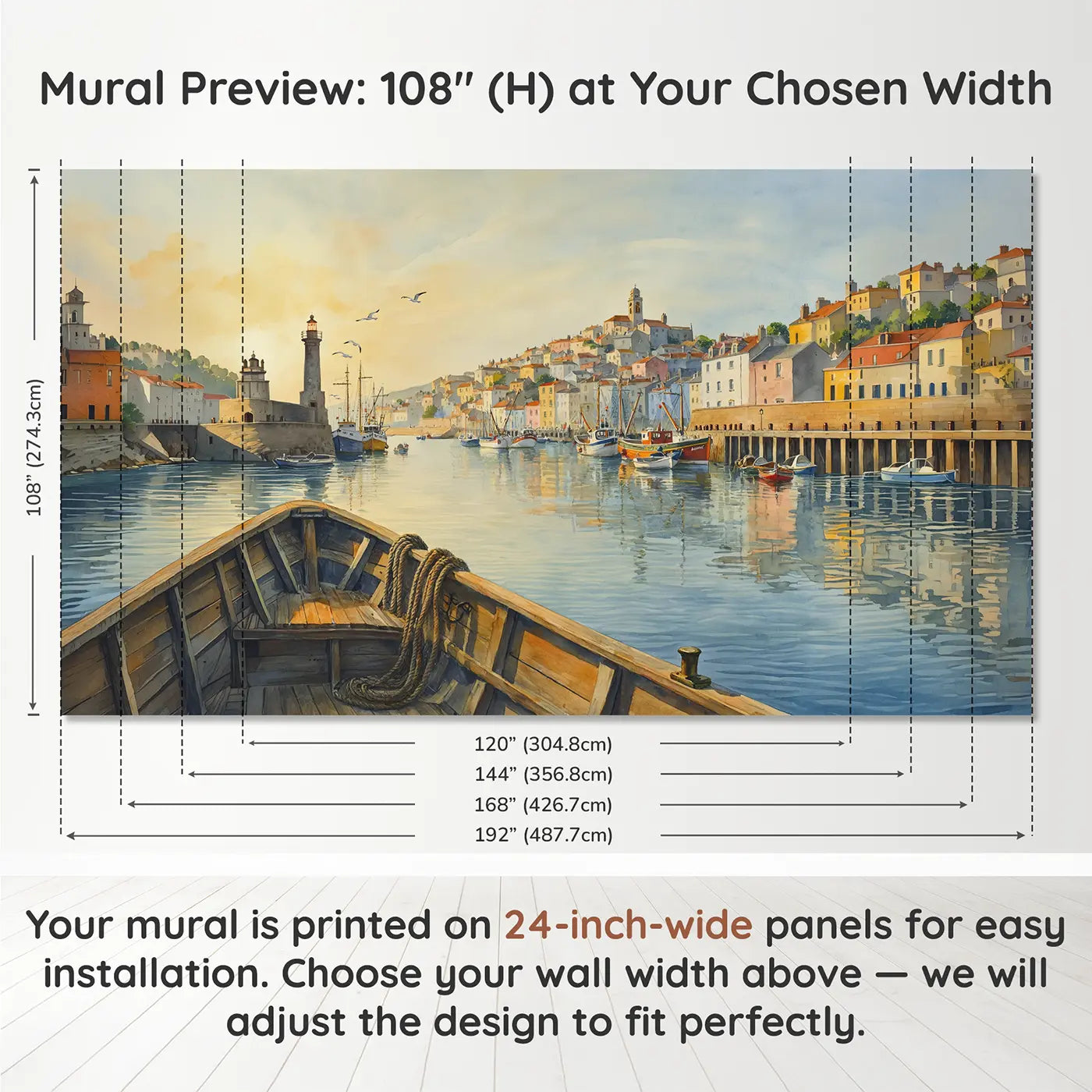 Panel layout and dimensions for Harbor Town Arrival Wallpaper Mural by Whimsy Tots