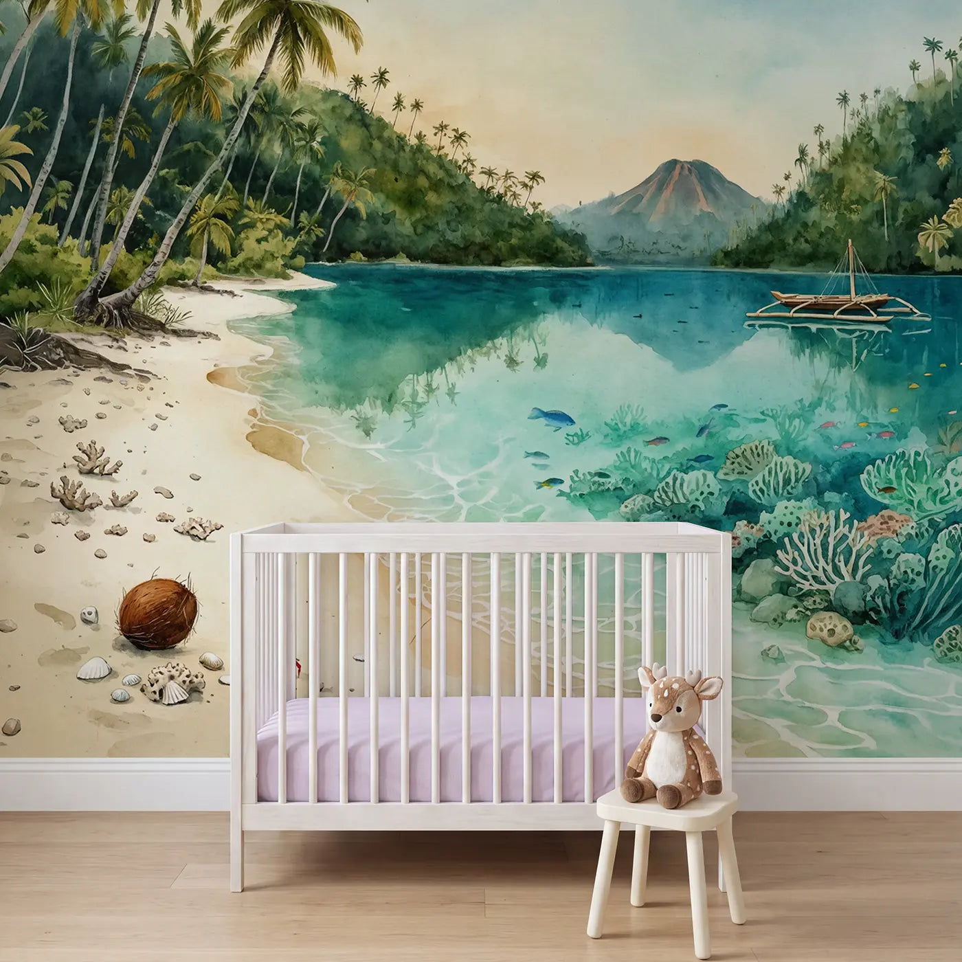 Watercolor beach coastal wallpaper mural for kids room by Whimsy Tots