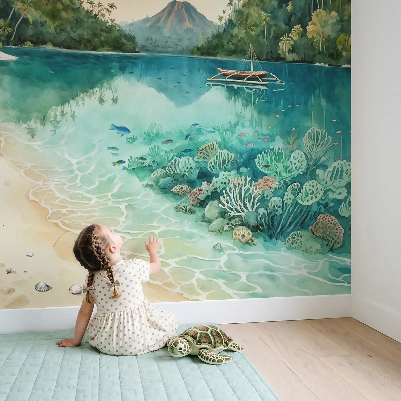 Child in nursery with Tropical Lagoon Paradise Wallpaper Mural by Whimsy Tots