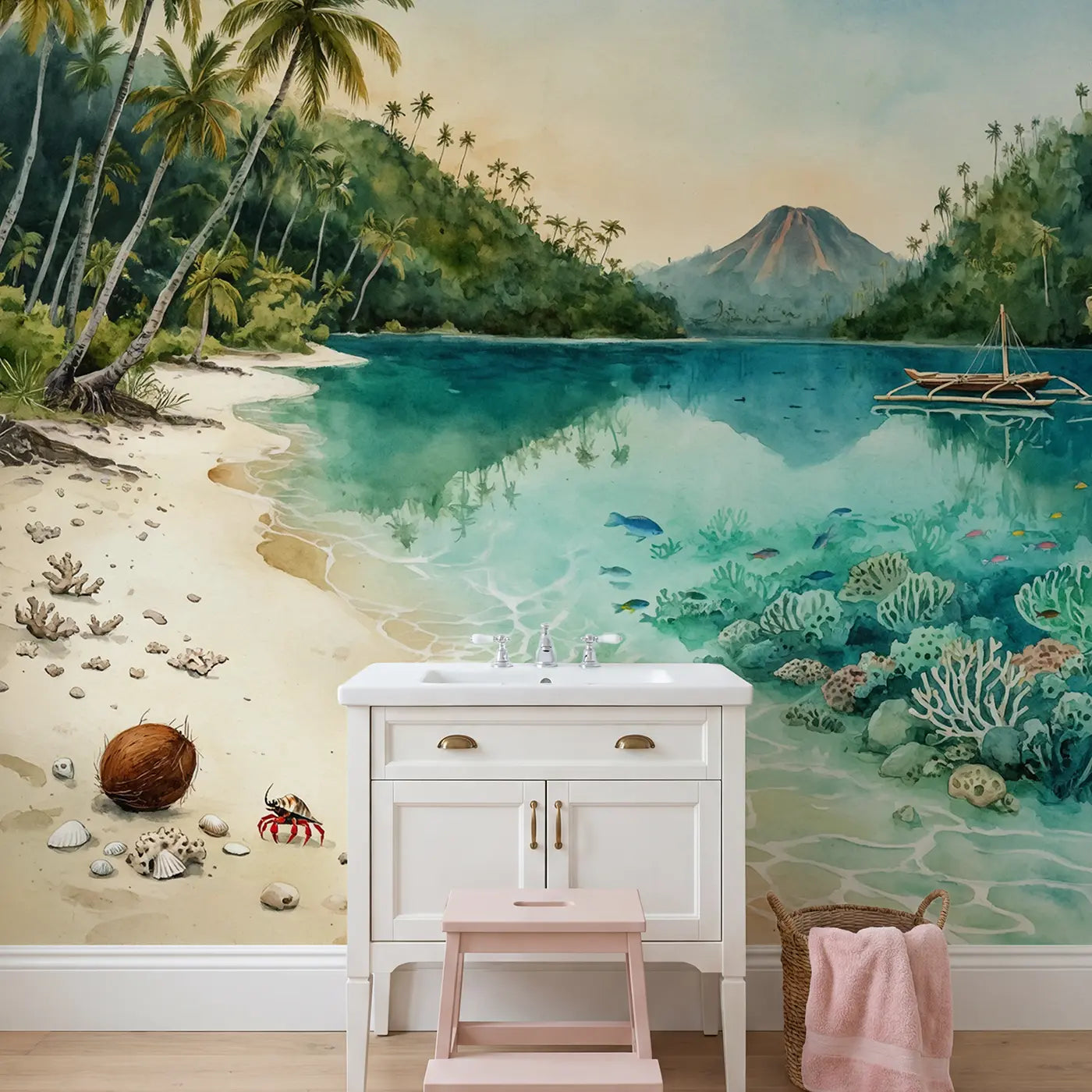 Tropical Lagoon Paradise Wallpaper Mural in playroom setting by Whimsy Tots