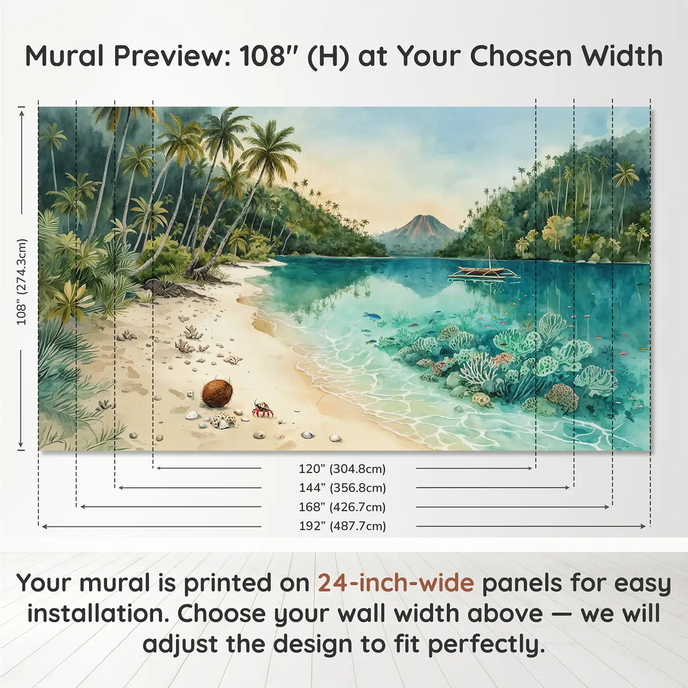 Panel layout and dimensions for Tropical Lagoon Paradise Wallpaper Mural by Whimsy Tots