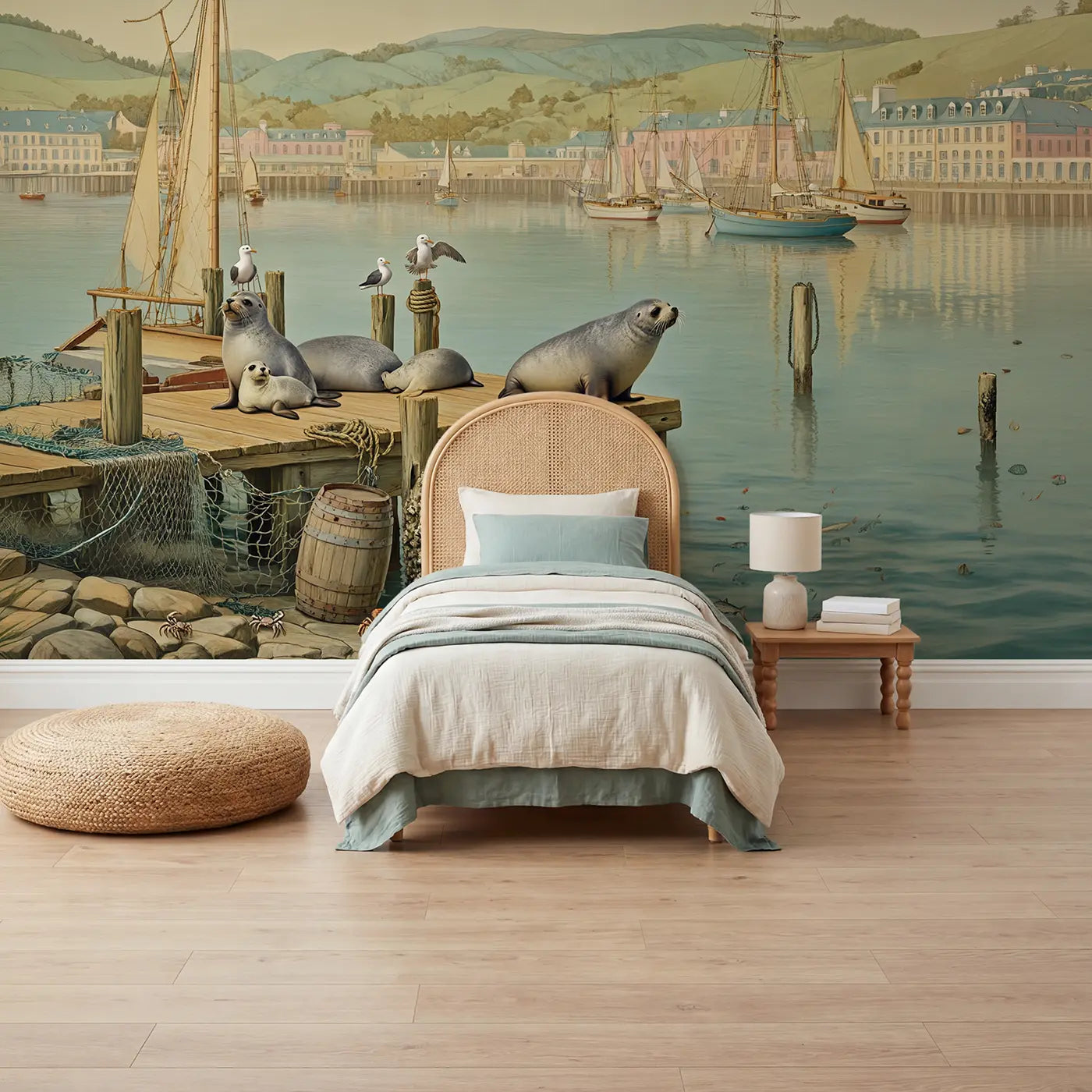 Botanical elegance seal and seagull coastal wallpaper mural for kids room by Whimsy Tots