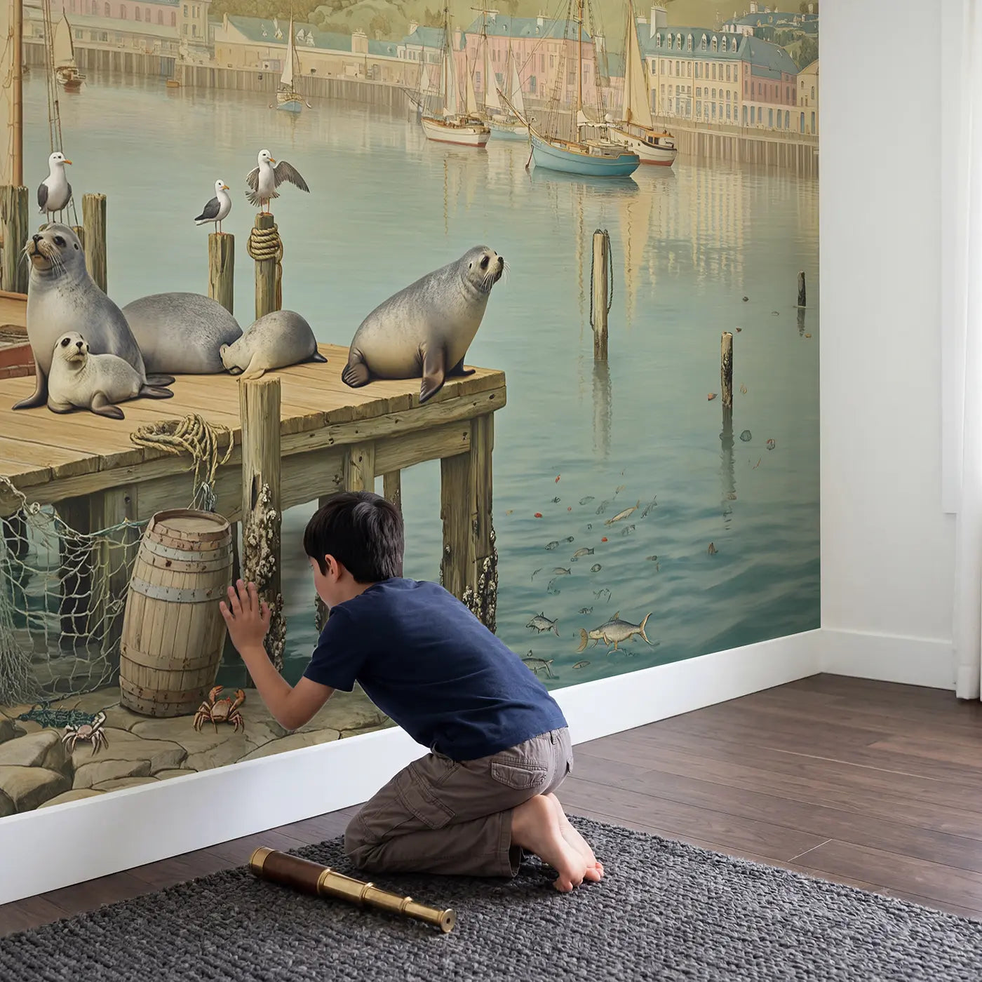 Child in nursery with Harbor Seal and Seagull Dock Wallpaper Mural by Whimsy Tots