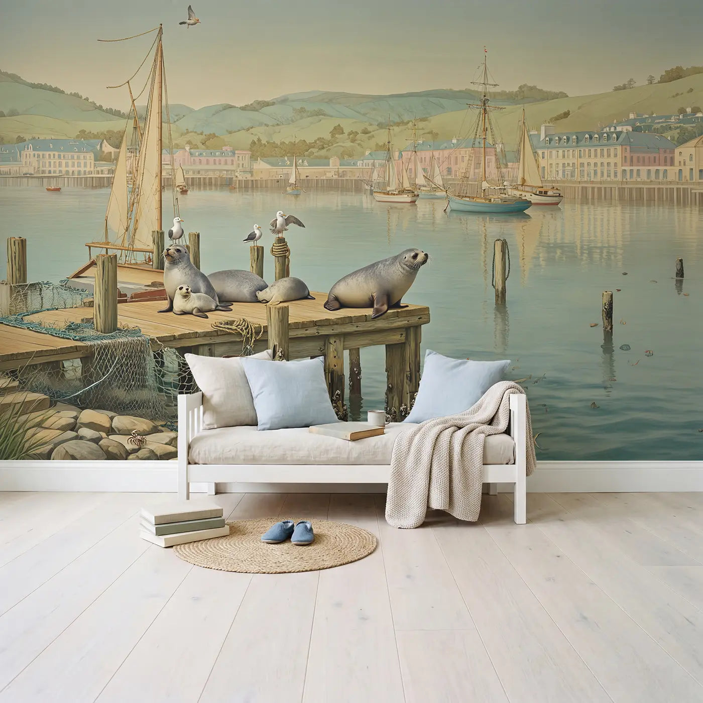 Harbor Seal and Seagull Dock Wallpaper Mural in playroom setting by Whimsy Tots