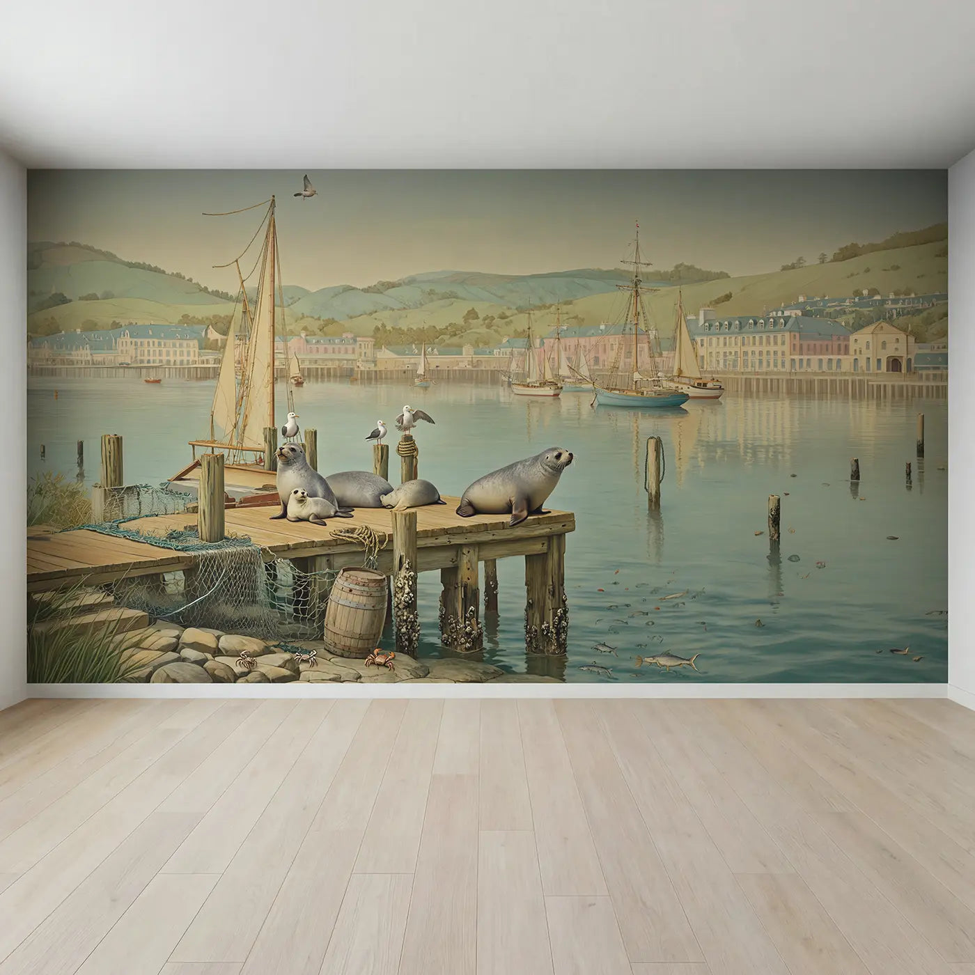 Full view of Harbor Seal and Seagull Dock Wallpaper Mural by Whimsy Tots