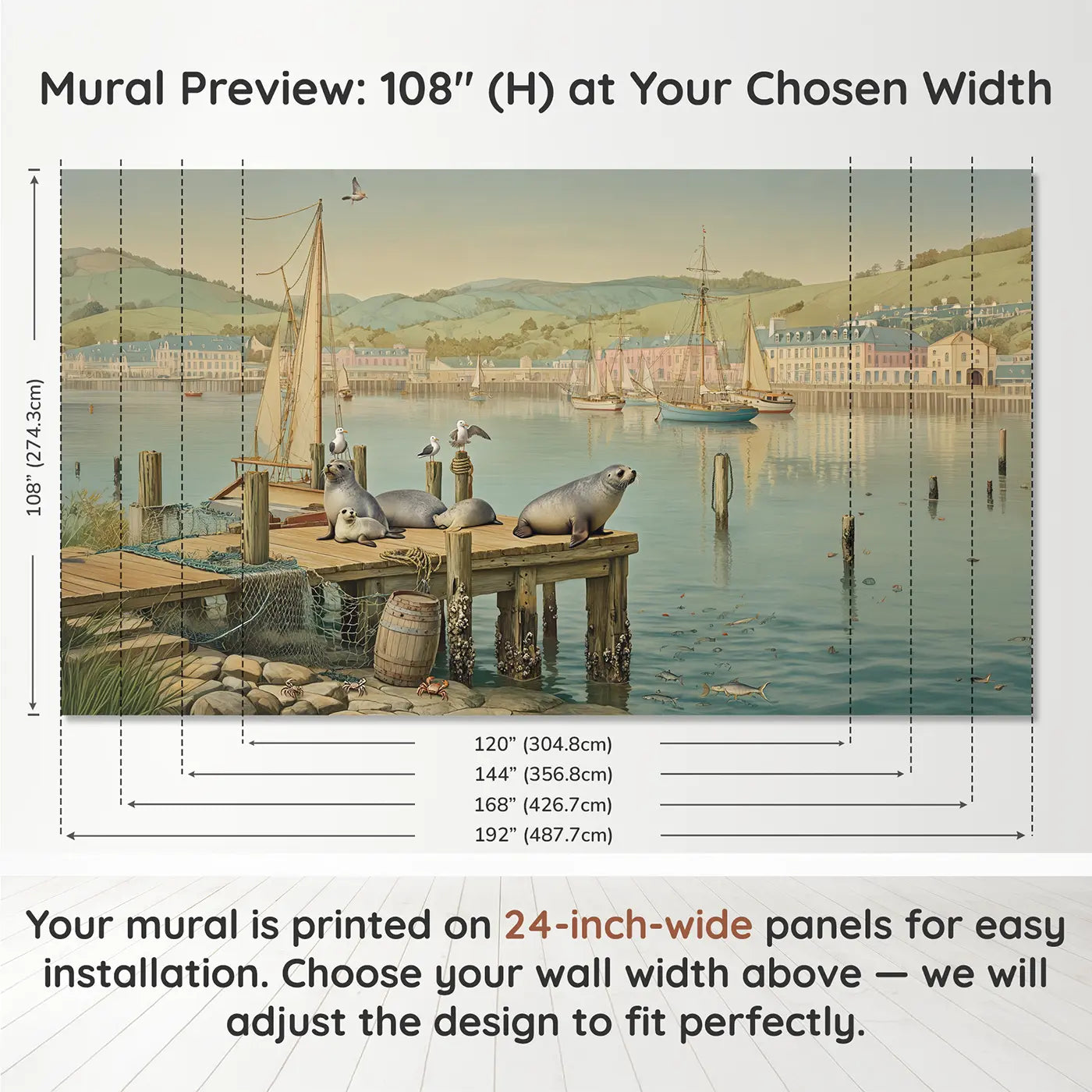 Panel layout and dimensions for Harbor Seal and Seagull Dock Wallpaper Mural by Whimsy Tots