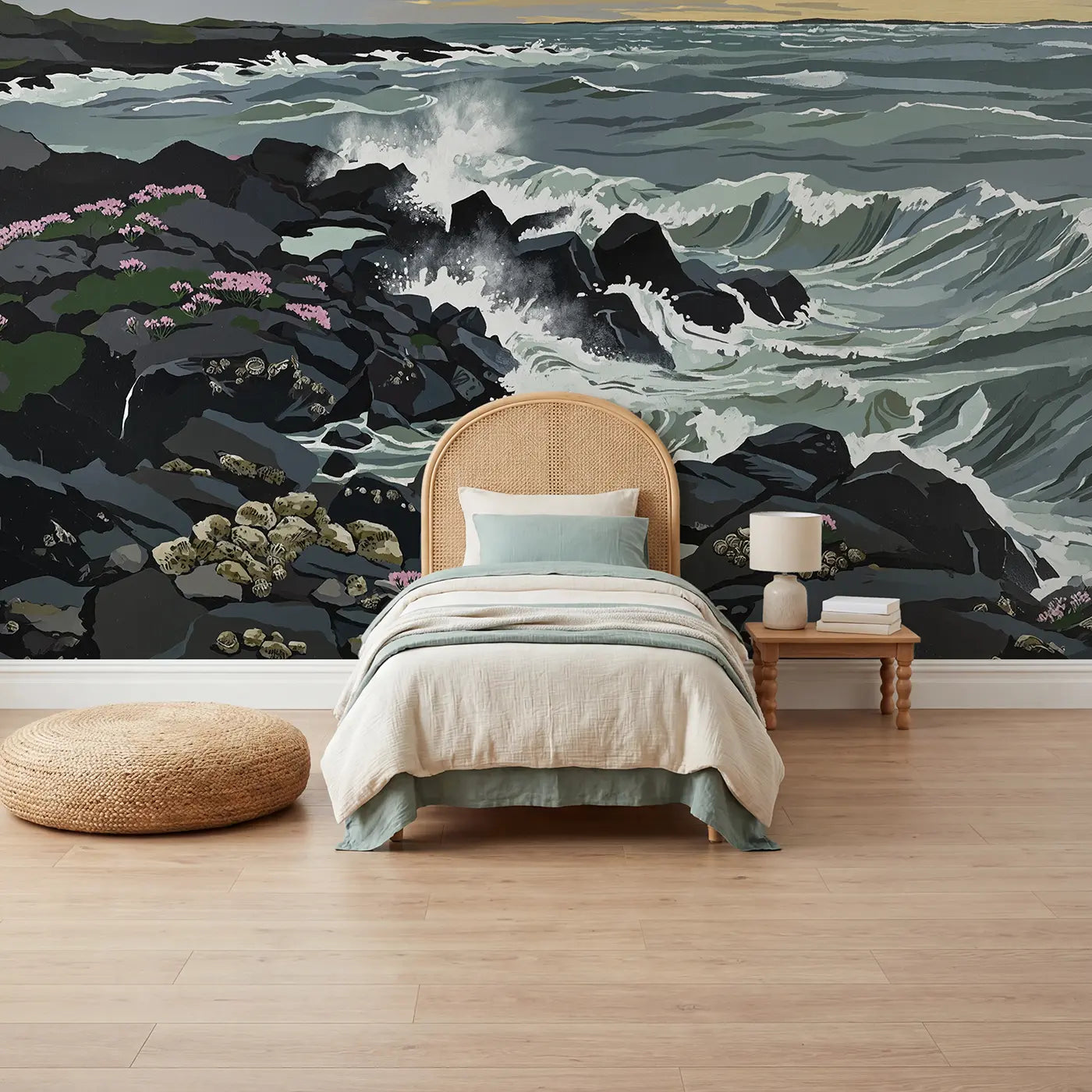 Modern Illustration stormy rocky coast waves wallpaper mural for kids room by Whimsy Tots