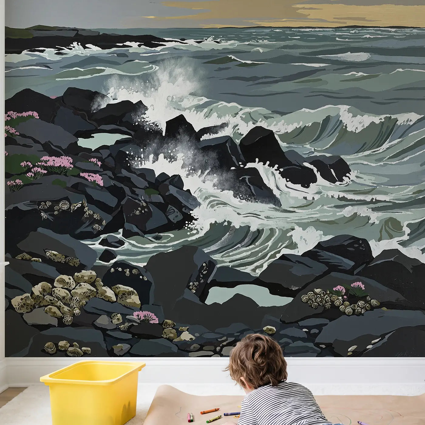 Child in nursery with Stormy Rocky Coast Waves Wallpaper Mural by Whimsy Tots