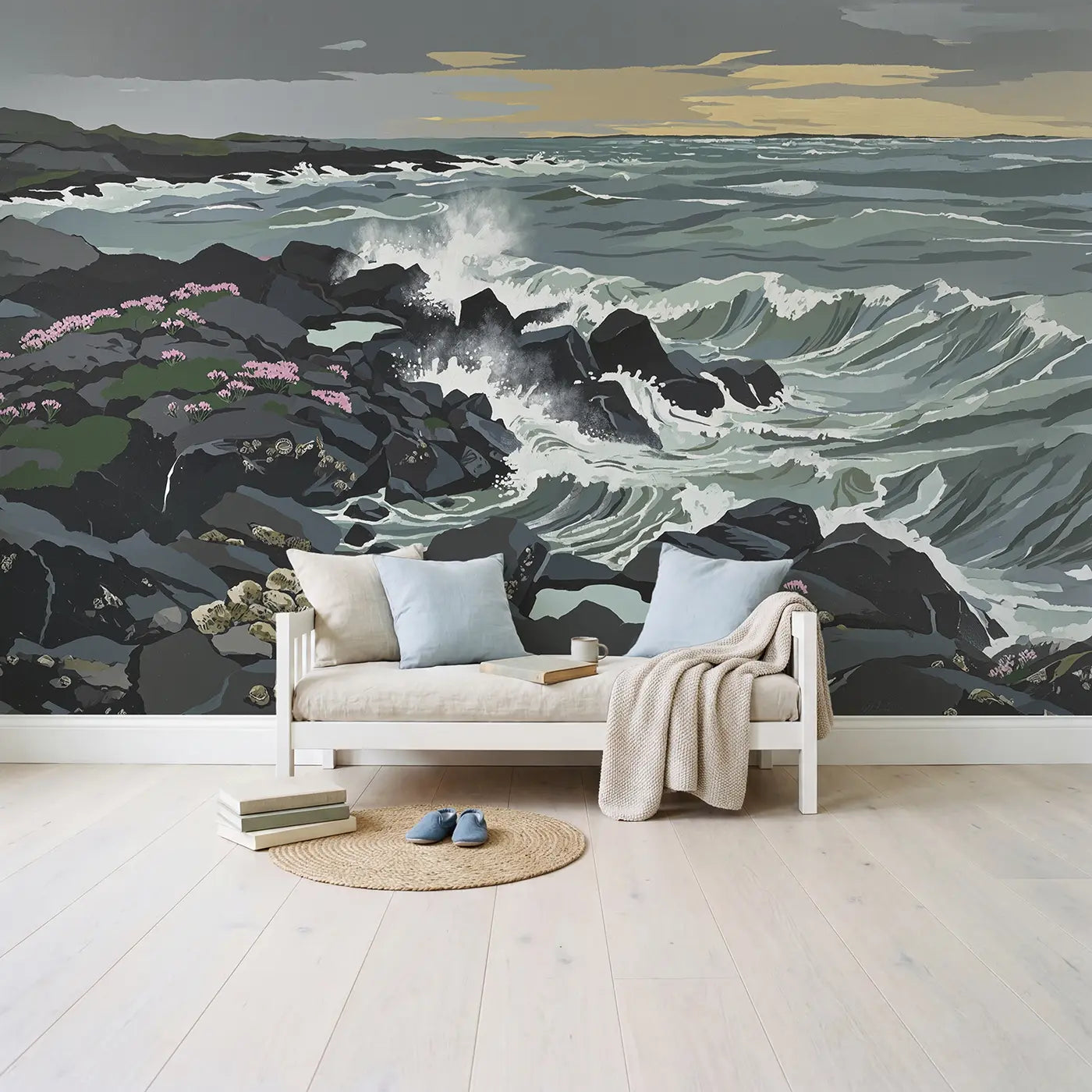Stormy Rocky Coast Waves Wallpaper Mural in playroom setting by Whimsy Tots